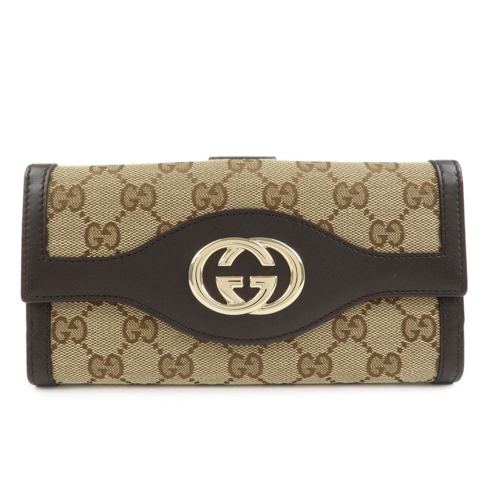 GUCCI Interlocking G GG Canvas Double Flap Long Wallet Brown 282426