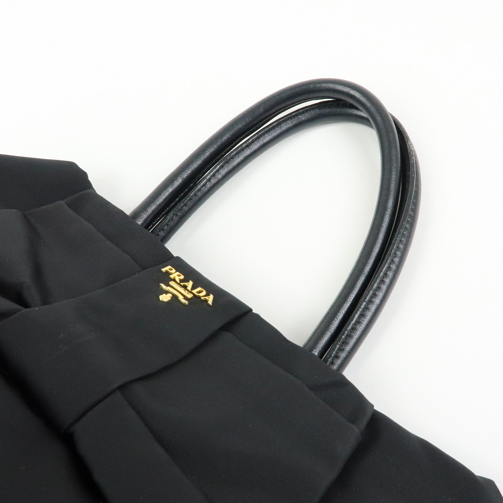 PRADA Ribbon Nylon Leather Hand Bag Tote Bag Black BN1601