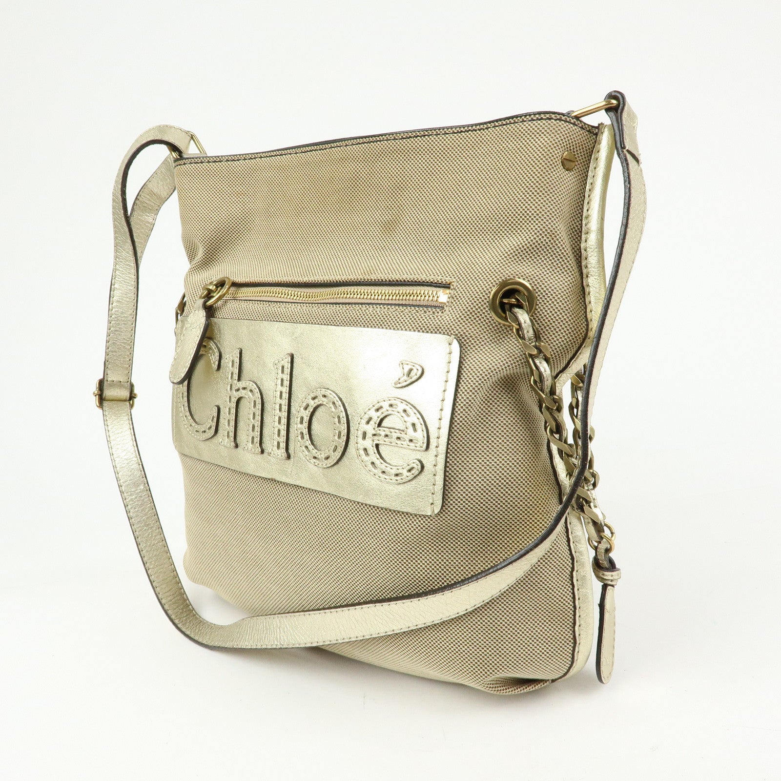 Chloe Harley Canvas Leather Shoulder Crossbody Bag Beige Gold