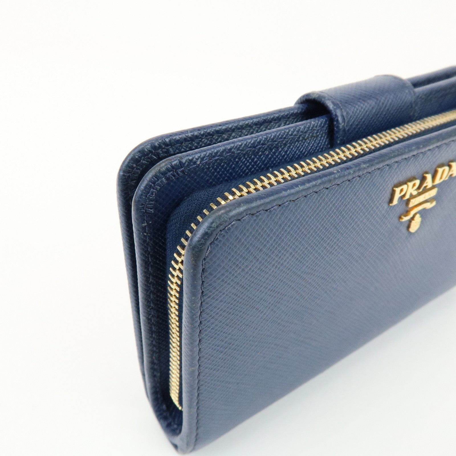 PRADA Saffiano Leather Compact Wallet Navy Gold 1ML225