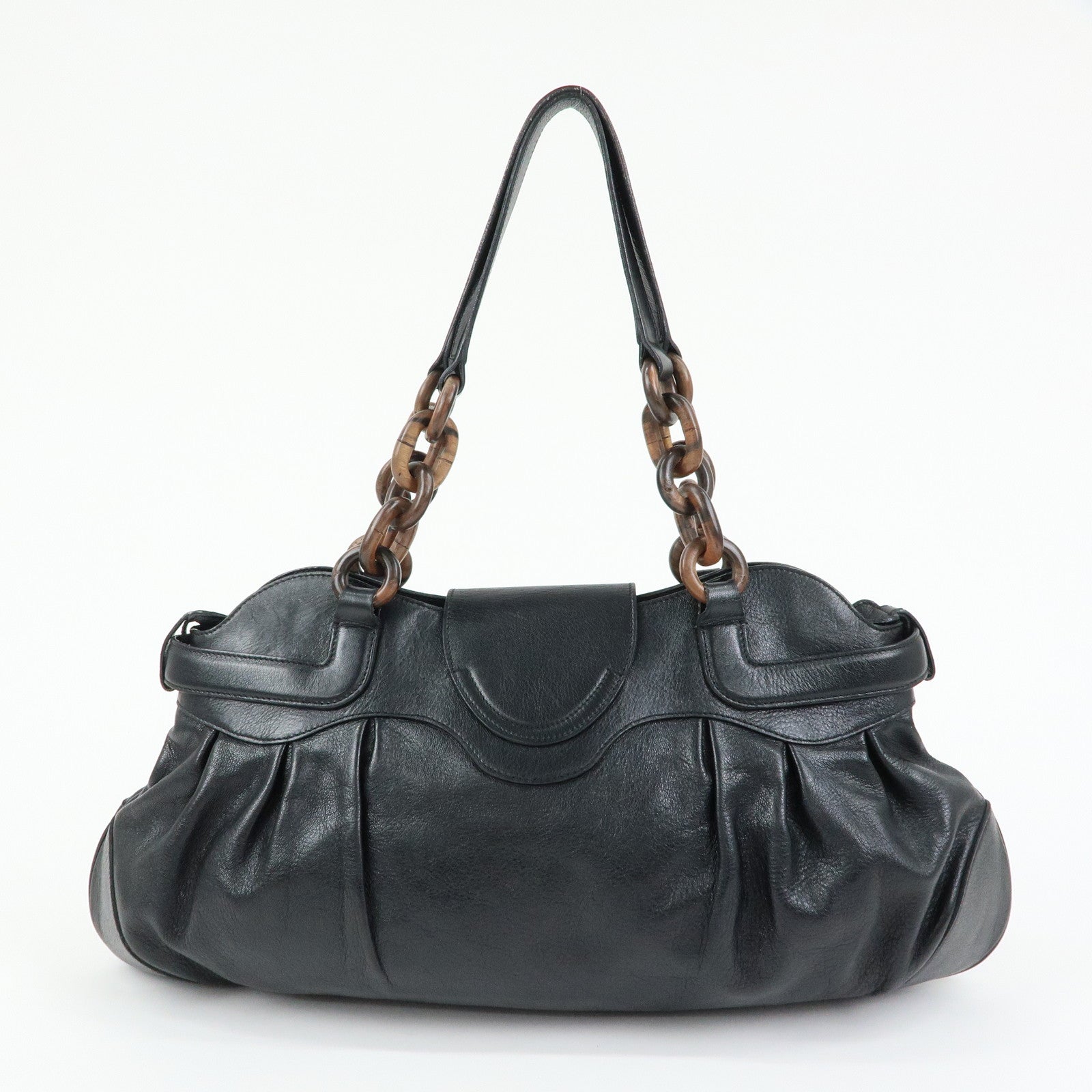 Ferragamo Gancini Leather Wood Shoulder Bag Hand Bag Black Brown