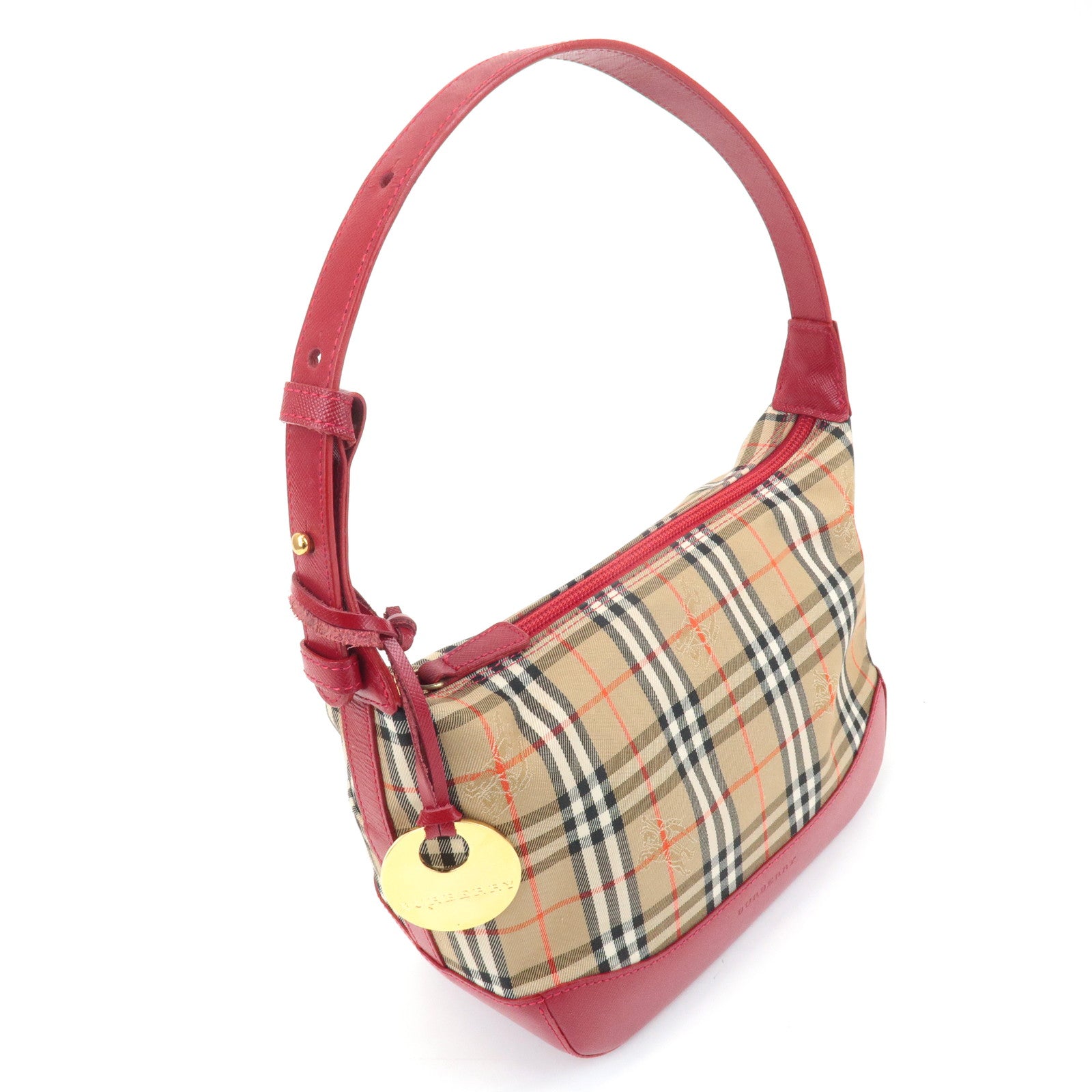 BURBERRY Nova Plaid Canvas Leather Shoulder Bag Red Used