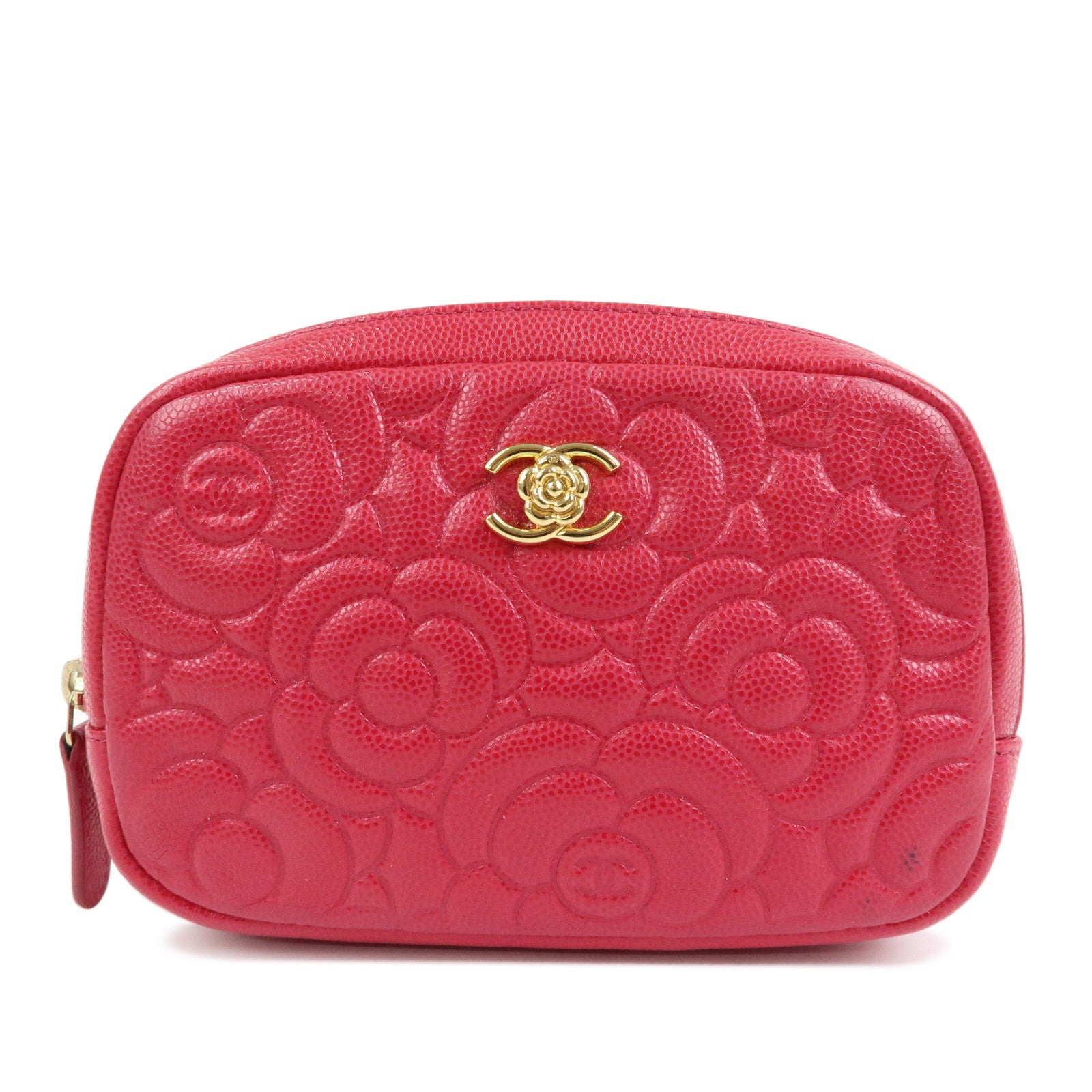 CHANEL Camellia COCO Mark Caviarskin Cosmetic Accessory Pouch Pink