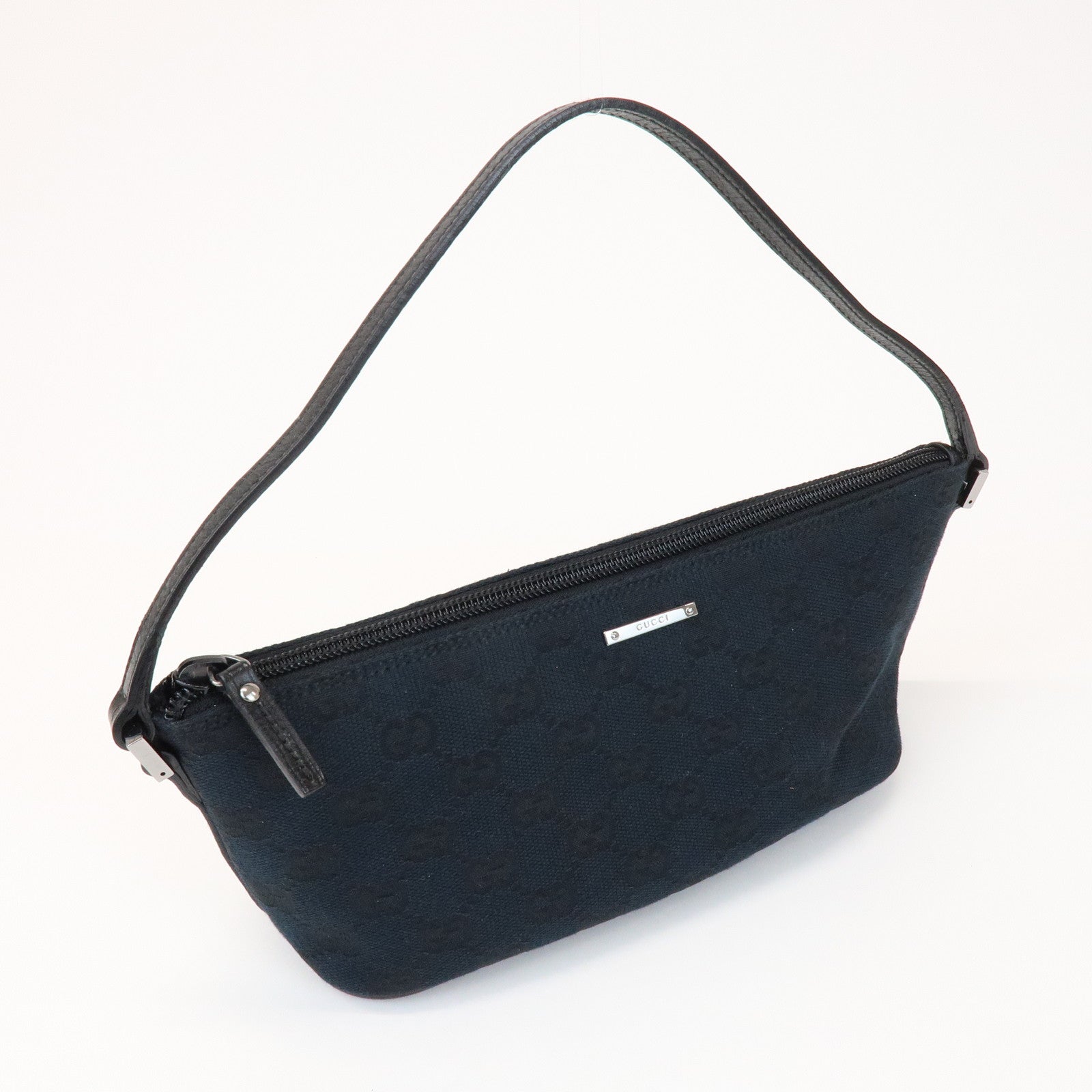 GUCCI Boat Bag GG Canvas Leather Pouch Hand Bag Black 07198