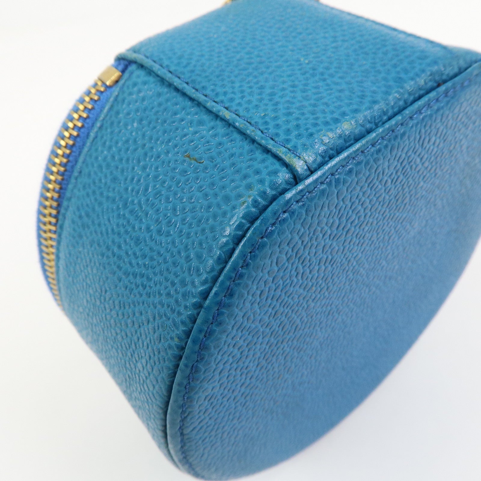 CHANEL COCO Mark Caviarskin Round Cosmetic Pouch Blue Gold
