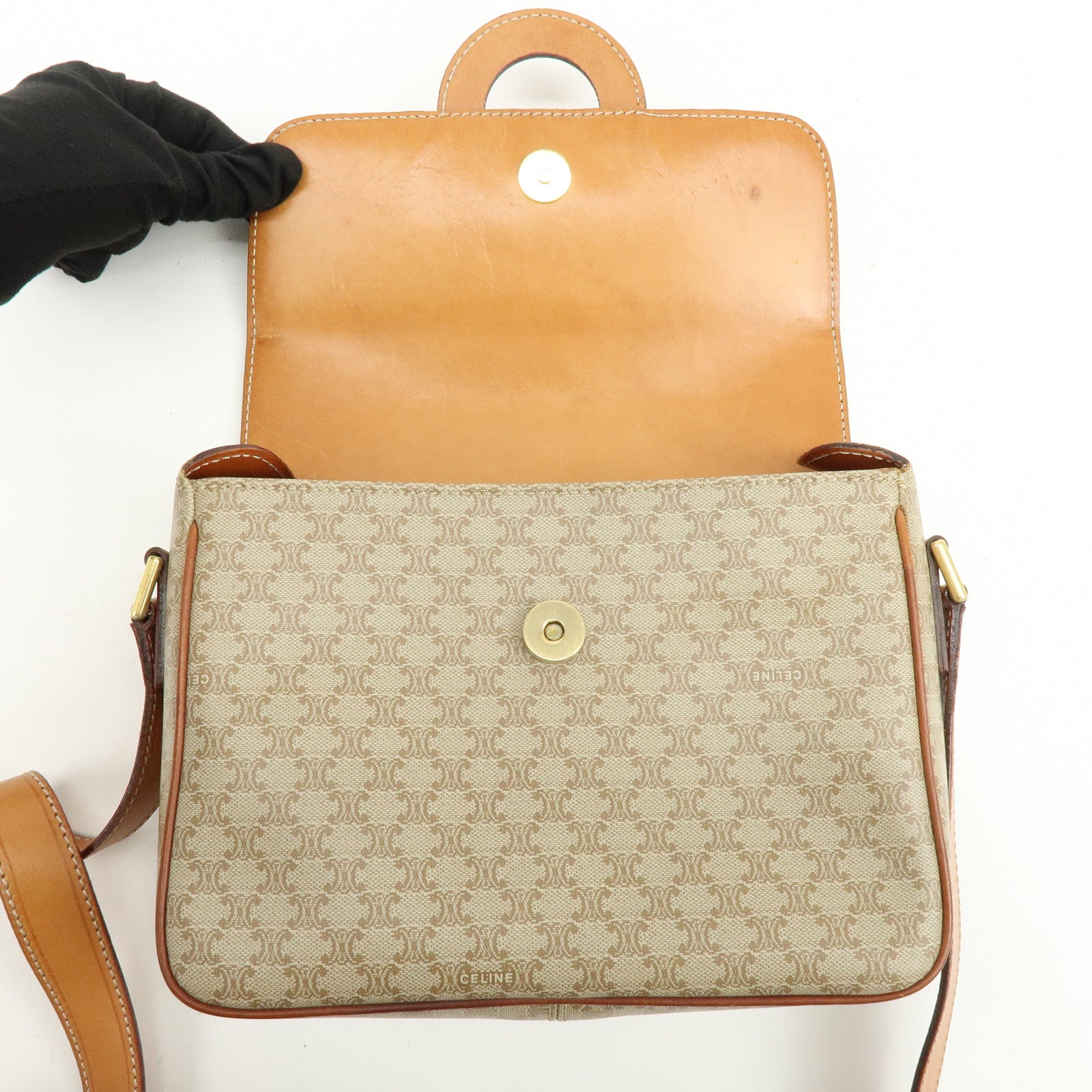 CELINE Macadam PVC Leather Shoulder Bag Crossbody Bag Beige