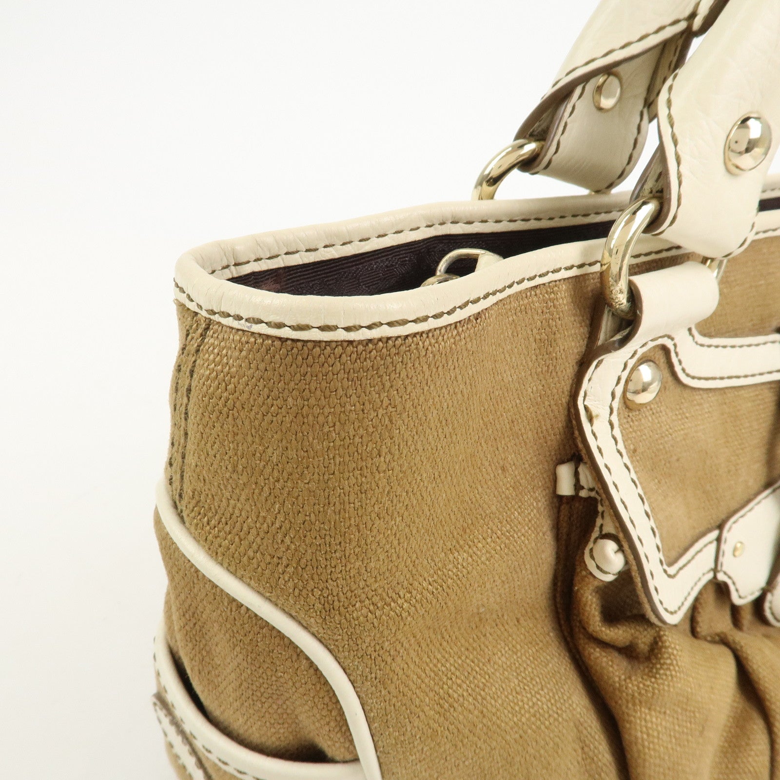 CELINE Canvas Leather Boogie Bag Hand Bag Macadam Motif Brown Ivory