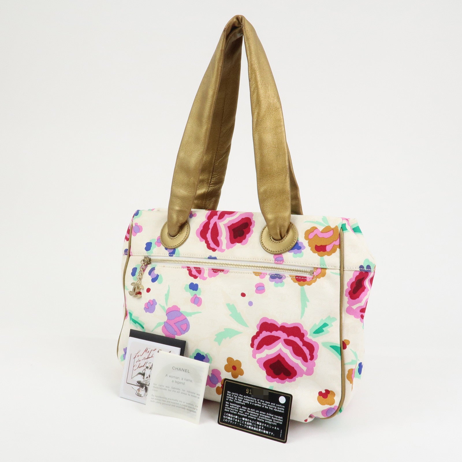 CHANEL Canvas Lamb Skin Tote Bag Shoulder Bag Flora A25388