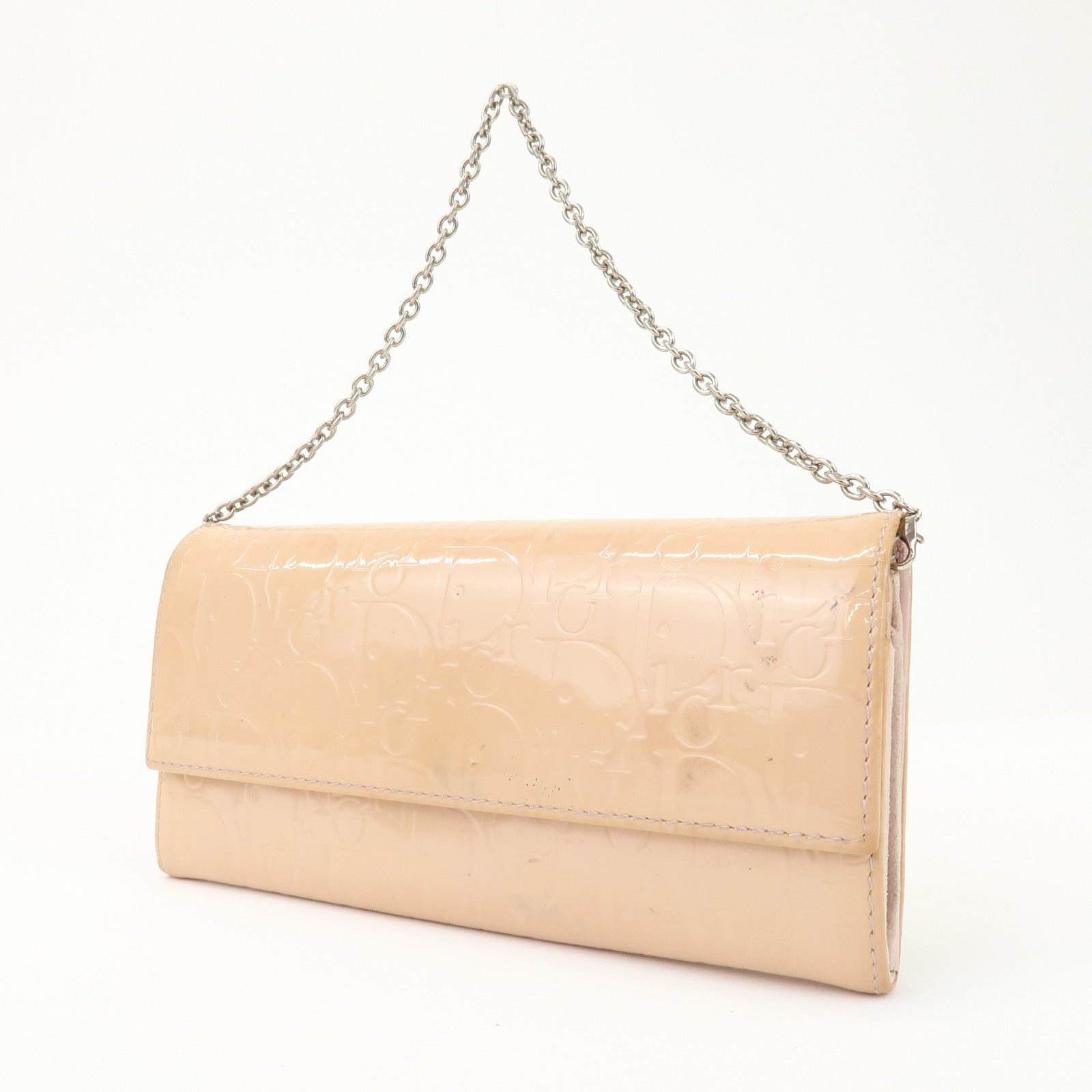 Christian Dior Patent Leather Chain Wallet Long Wallet WOC Beige