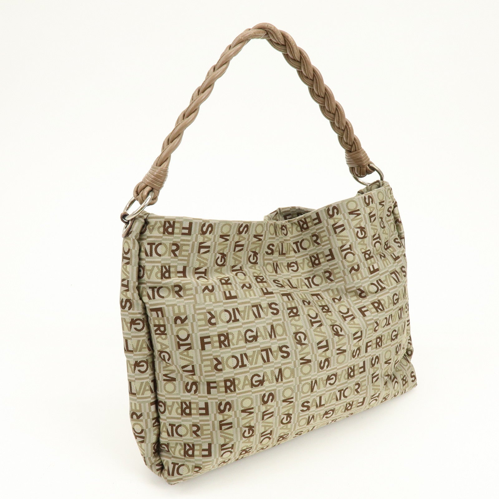 Ferragamo Logo Canvas Leather Shoulder Bag Beige Brown Khaki