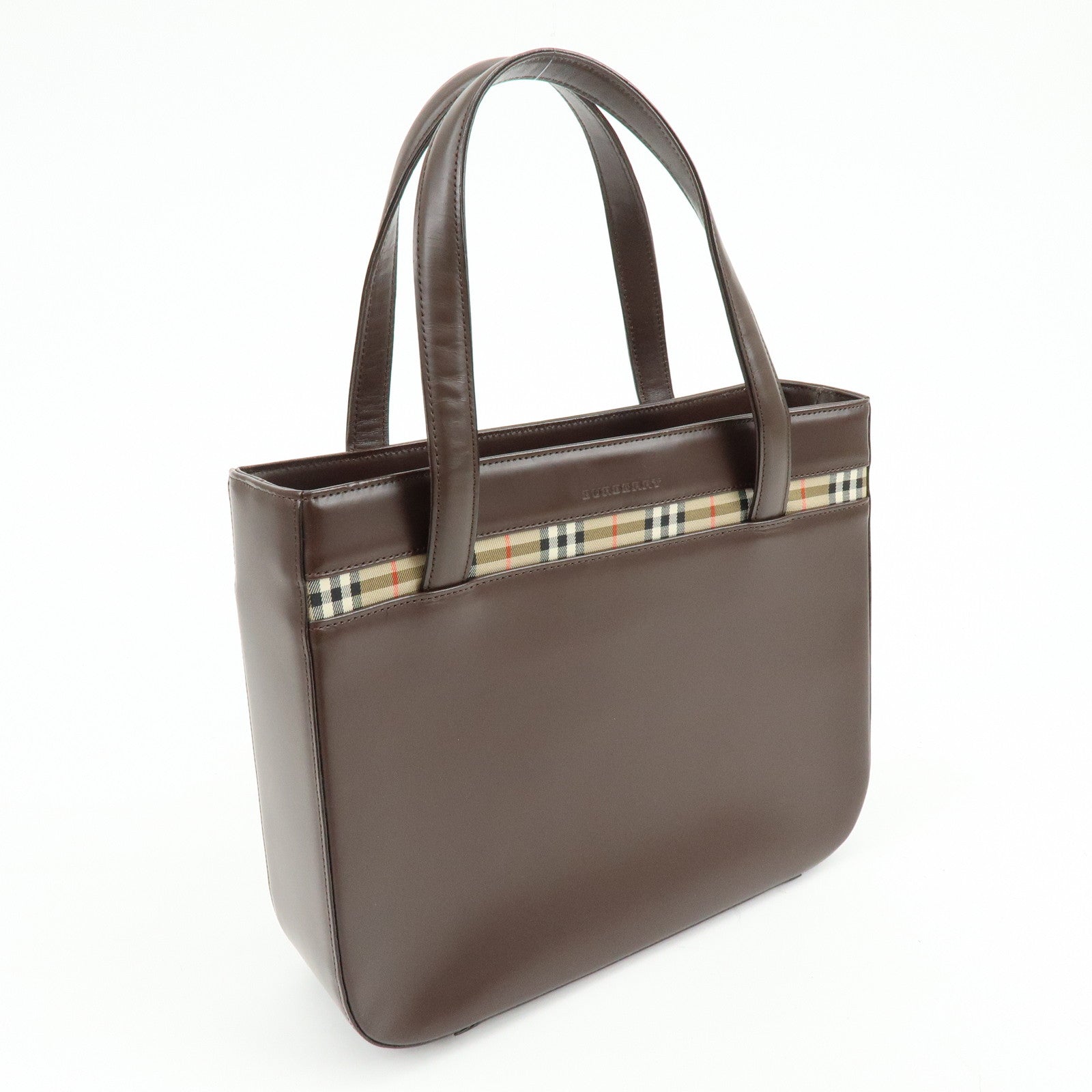 BURBERRY Nova Plaid Leather Hand Bag Tote Bag Brown