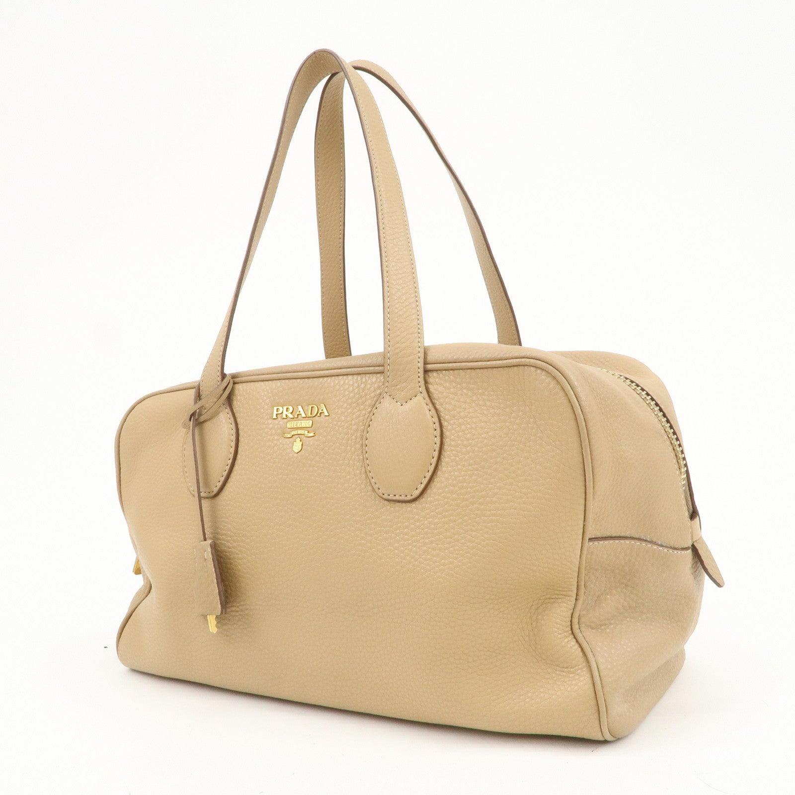 PRADA Leather Boston Bag Hand Bag Beige Gold BL8062