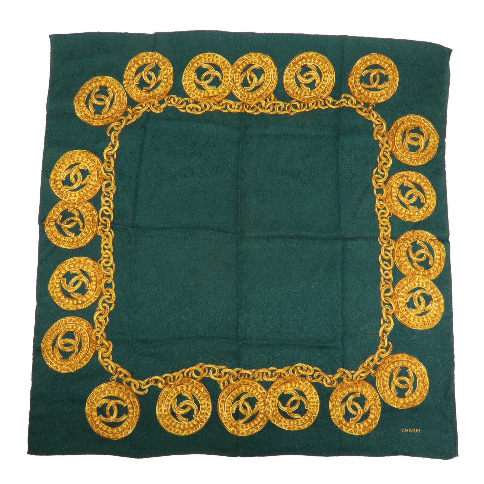 CHANEL COCO Mark Silk 100% Scarf Green Gold