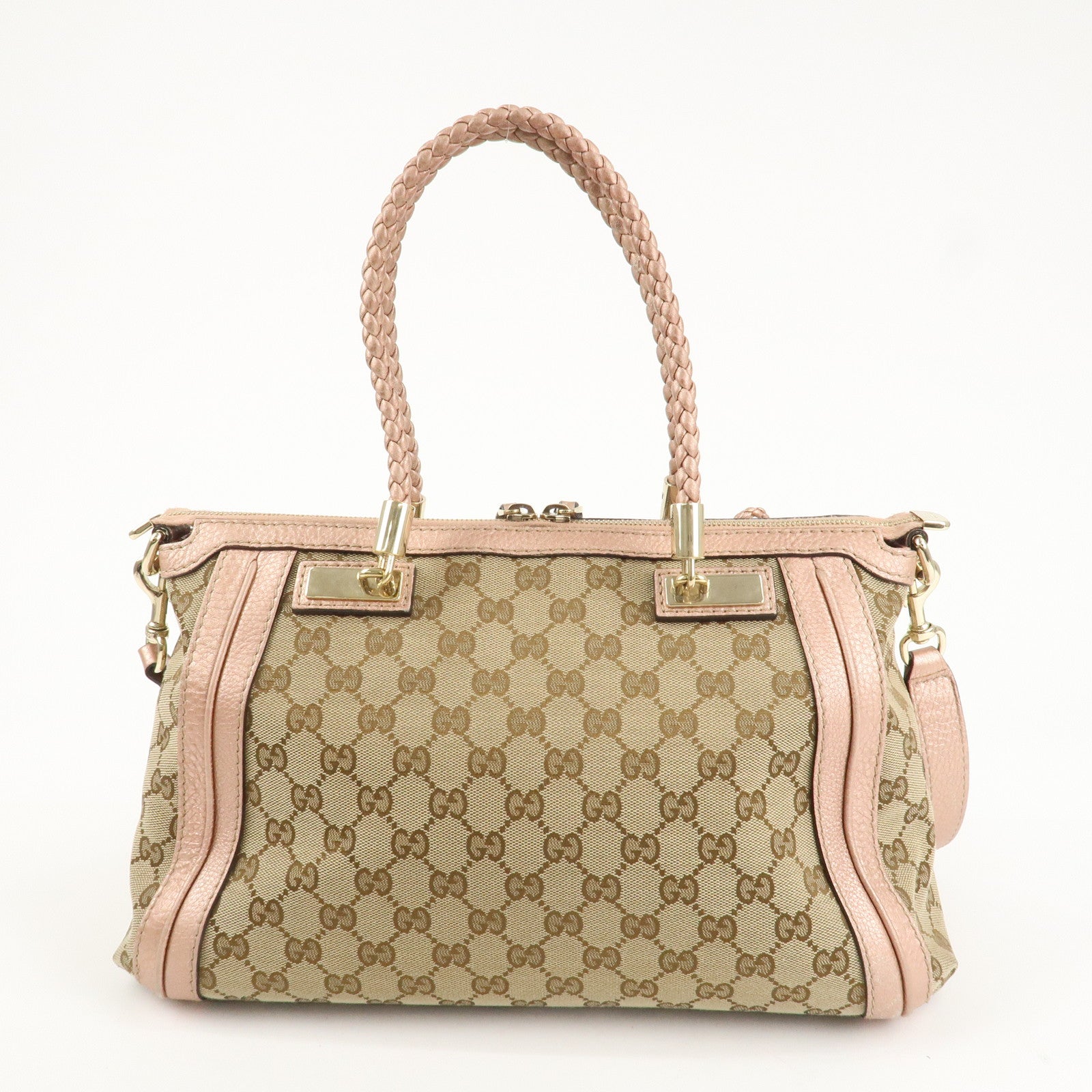 GUCCI Bamboo GG Canvas Leather 2Way Shoulder Bag Beige Pink 282300 Used