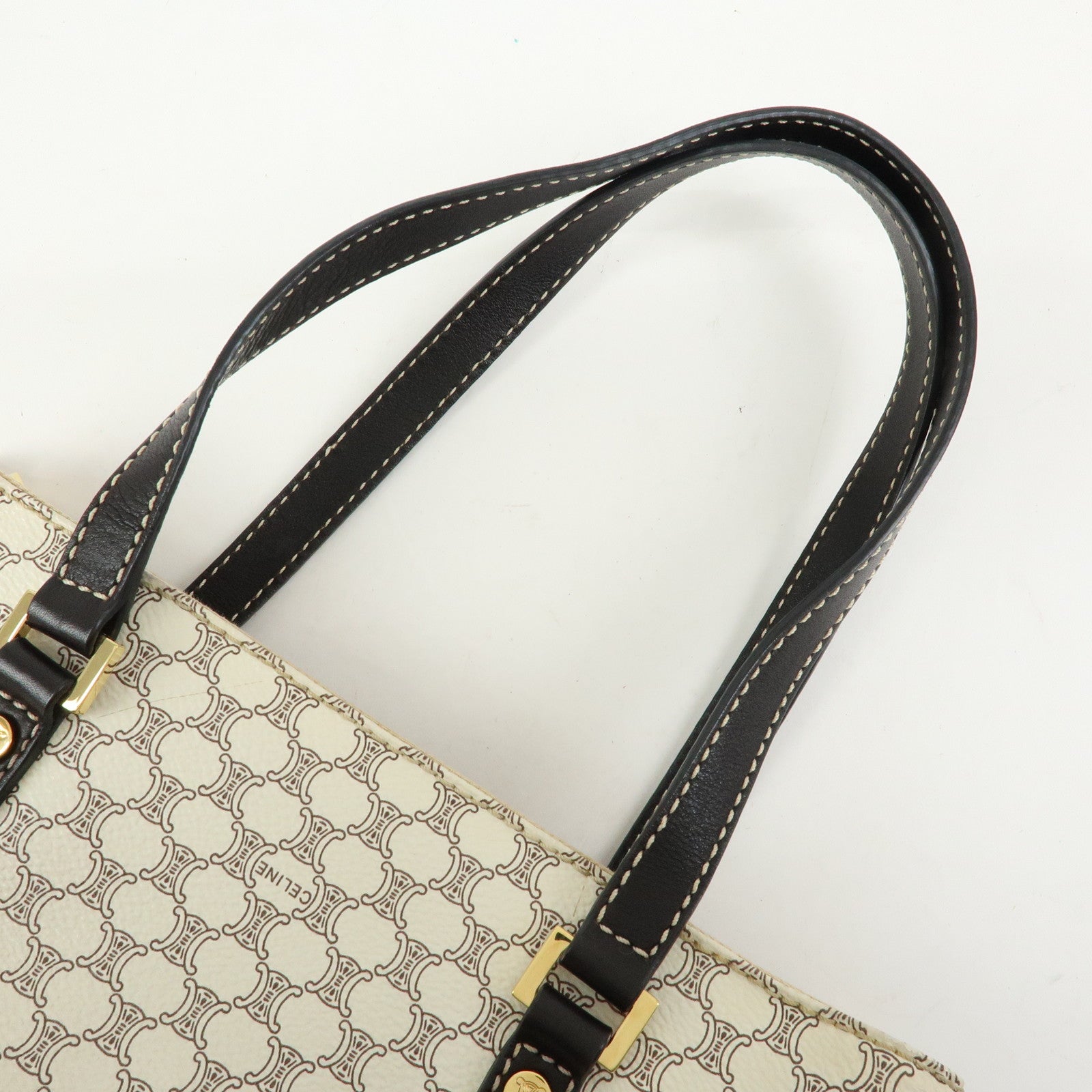 CELINE Macadam PVC Coated Canvas Leather Tote Bag White Dark Brown