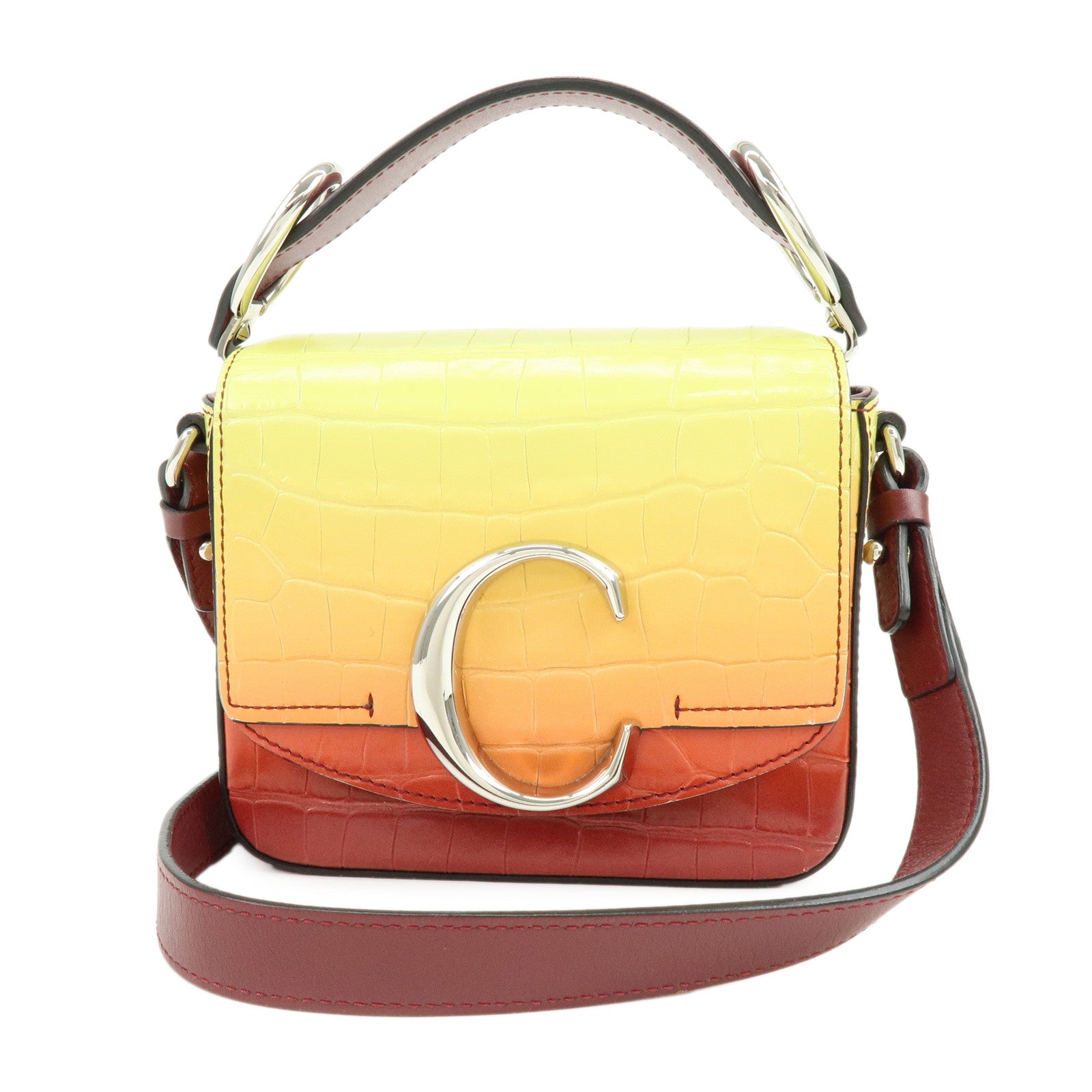 Chloe C Engrabed Leather 2Way Bag Shoulder Bag Bordeaux Yellow