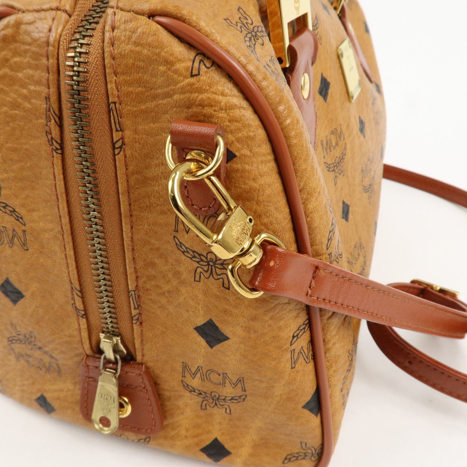 MCM Visetos Leather 2Way Bag Boston Bag Cognac
