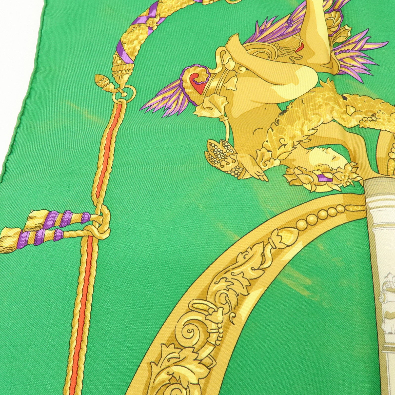 HERMES Carre 90 Set of 2 Silk 100% Scarf Green Gold Ivory