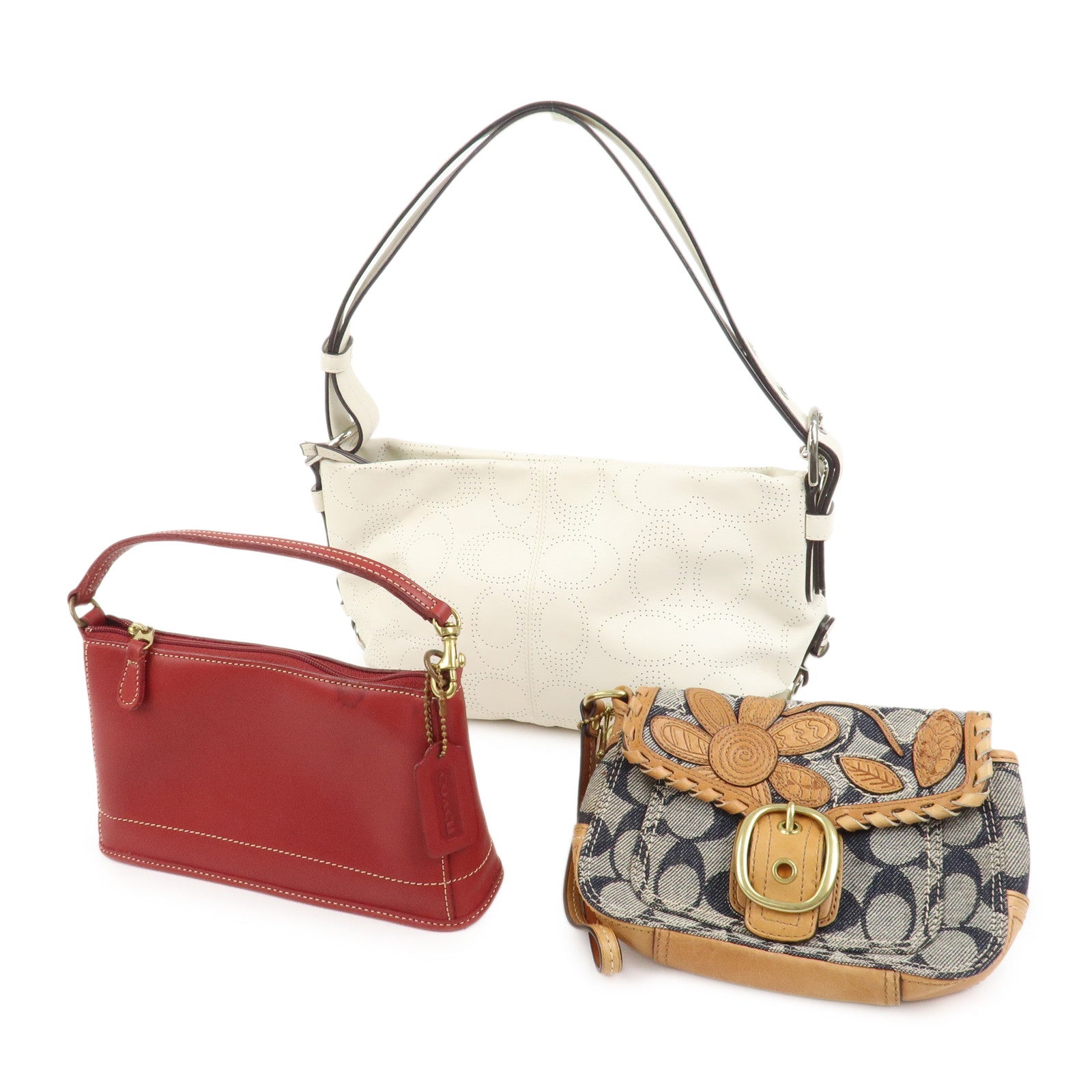 COACH Set Of 3 Leather Canvas Hand Bag Shoulder bag Red Navy White