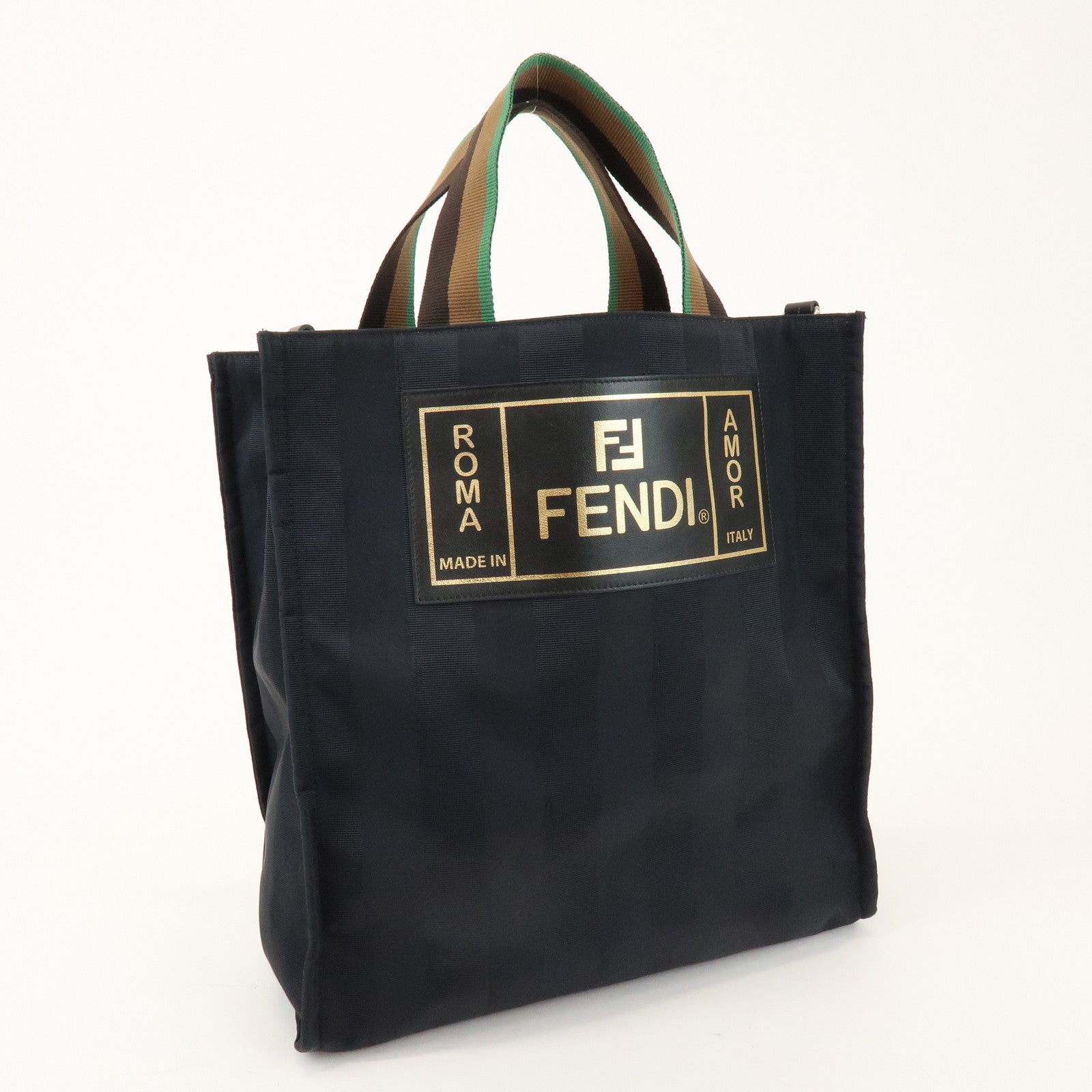 FENDI Pequin Nylon Leather Tote Bag Hand Bag Black 7VA454