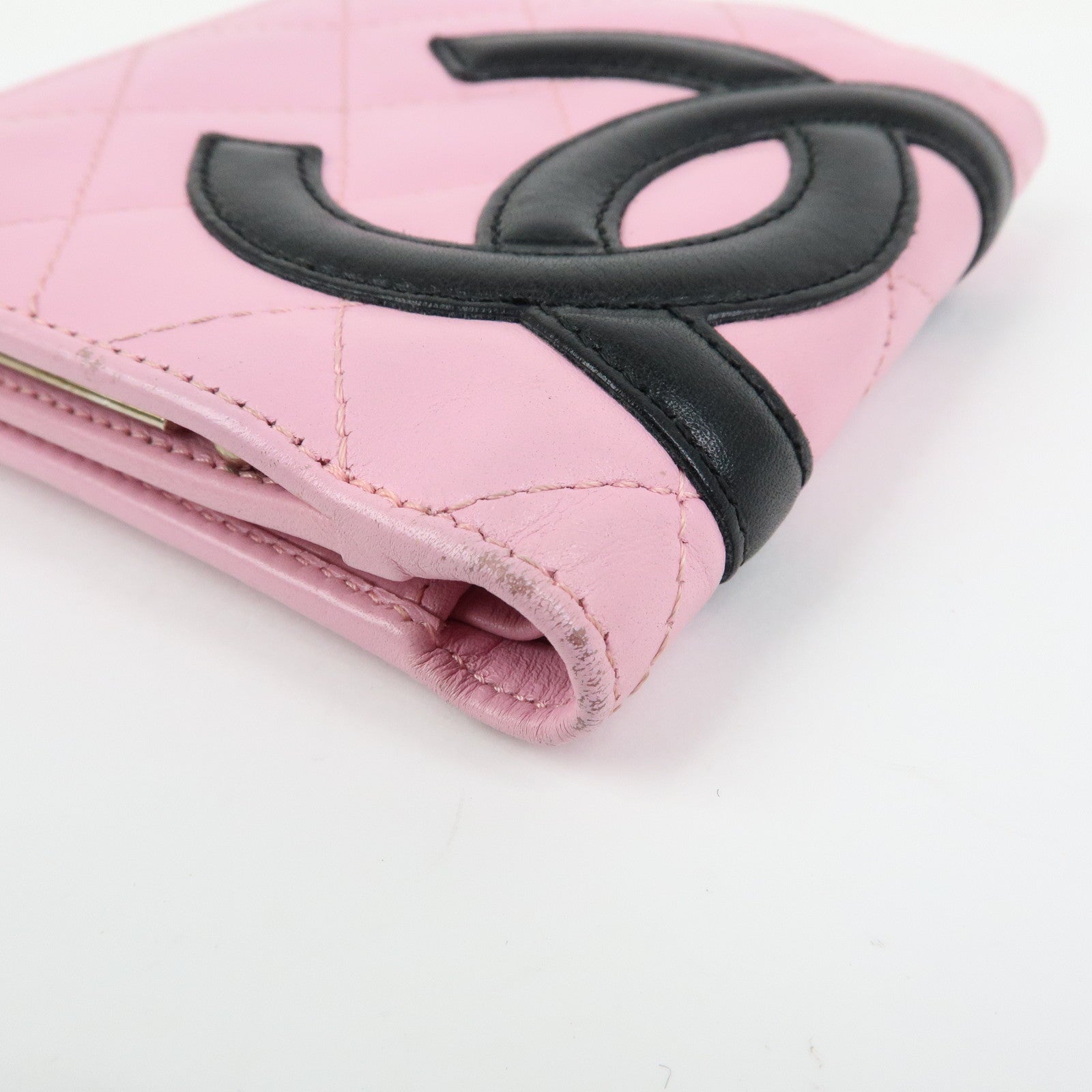 CHANEL Cambon Line Matelasse Lamb Skin Bi-fold Compact Wallet Pink