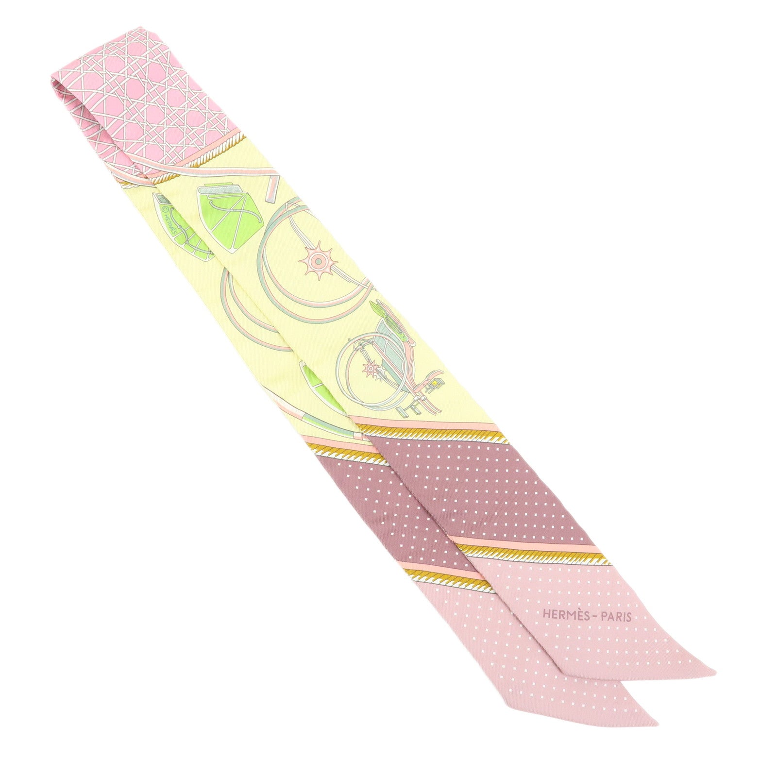 HERMES Silk 100% Twilly Les Voitures a Transformation Yellow Pink