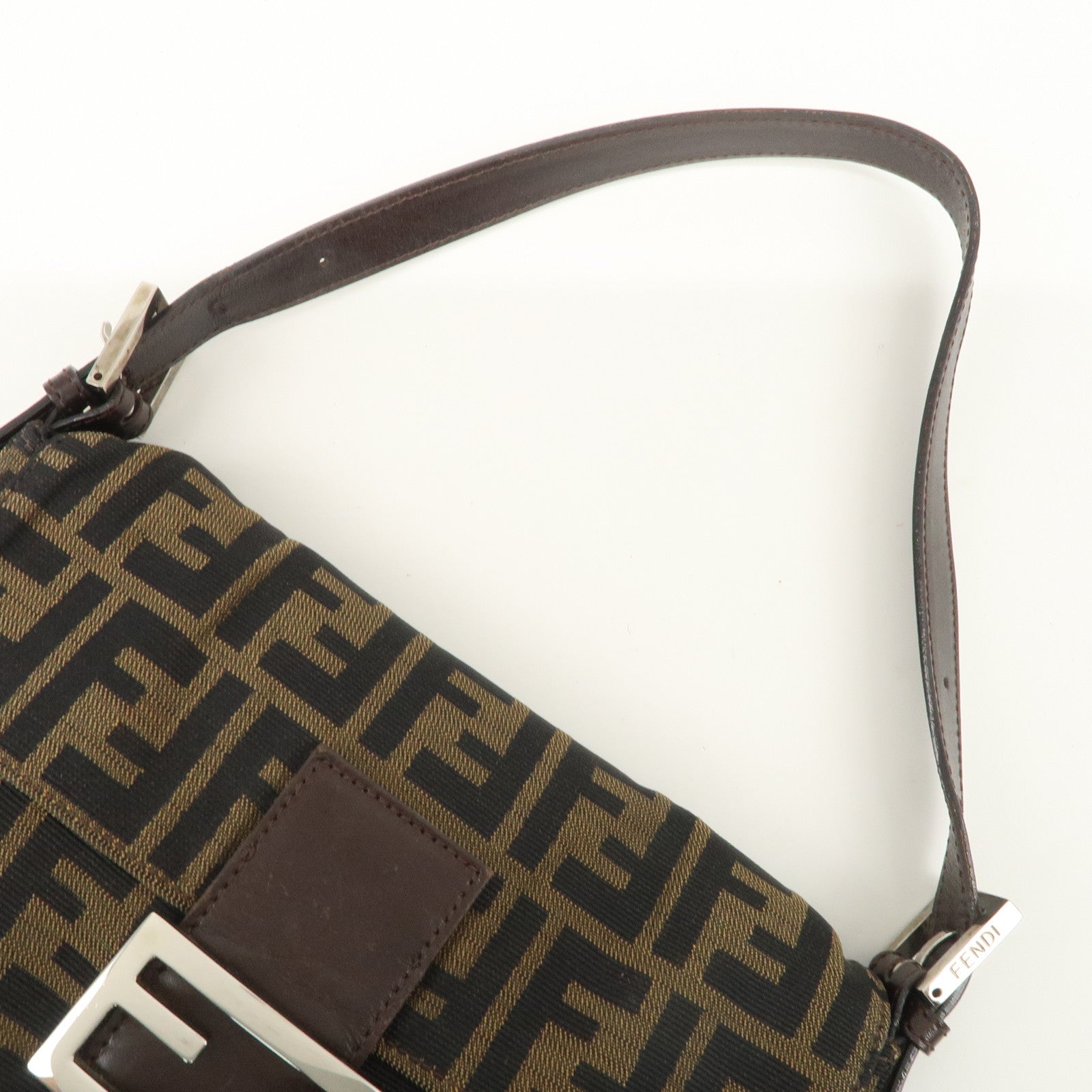 FENDI Mamma Baguette Zucca Canvas Leather Shoulder Bag Black Brown 26424