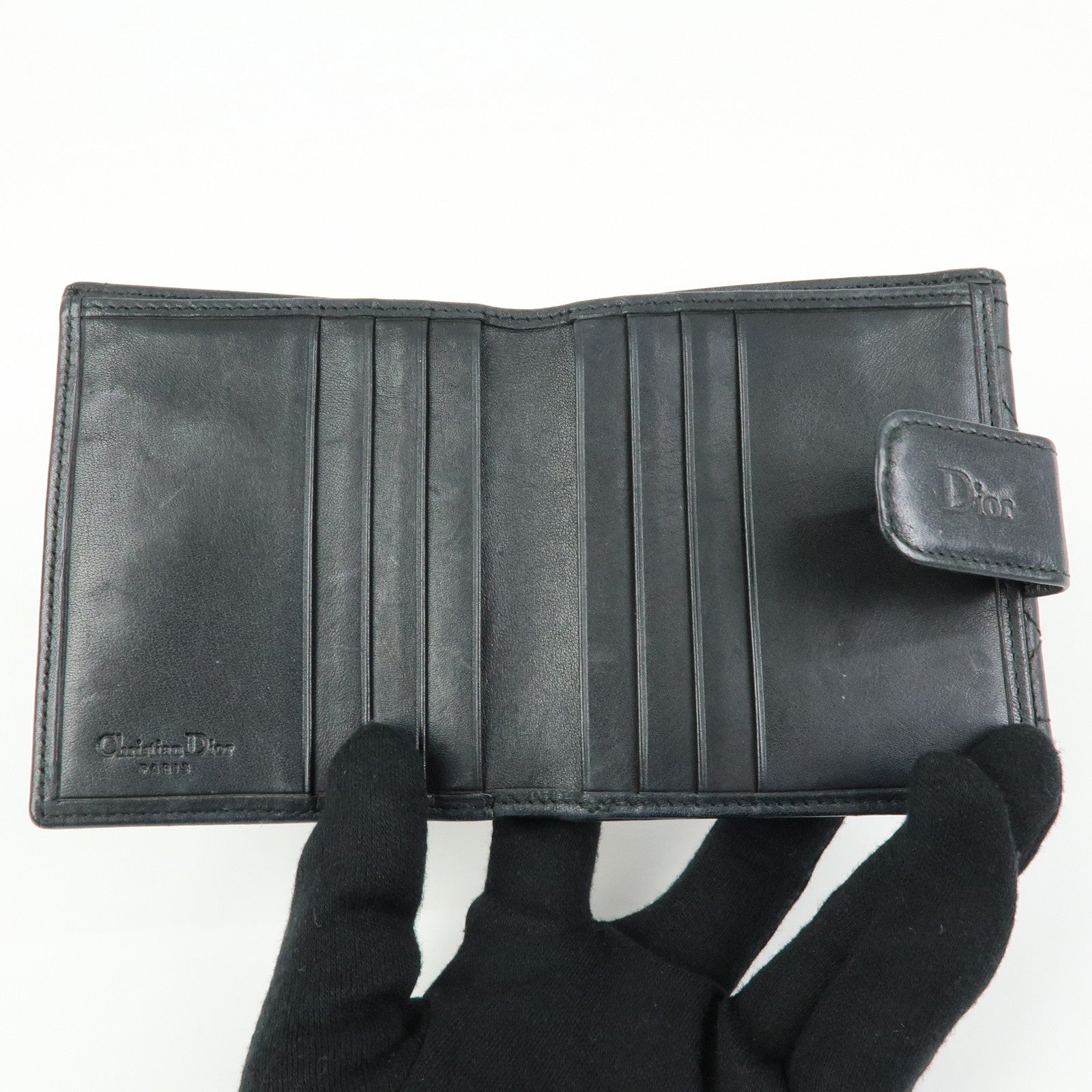 Christian Dior Cannage Lamb Skin Bi-fold Compact Wallet Black