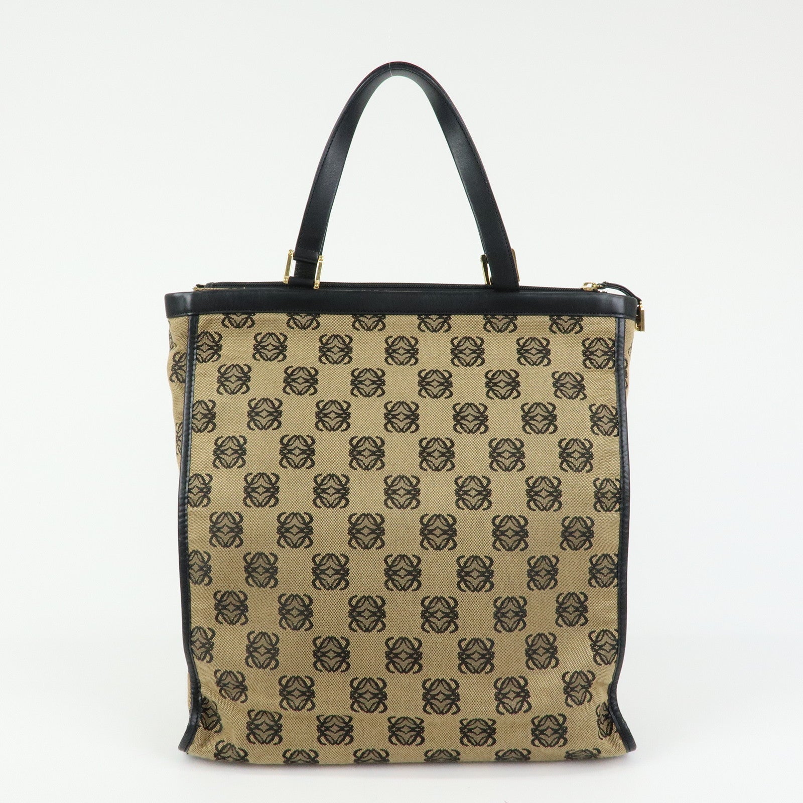 LOEWE Anagram Jacquard Canvas Leather Tote Bag Beige Black