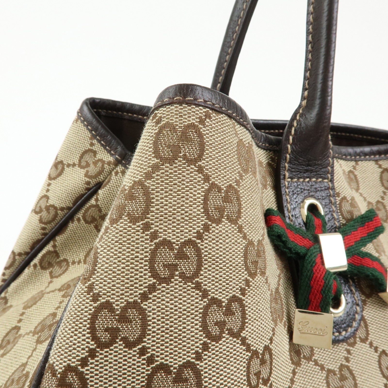 GUCCI Princy GG Canvas Leather Tote Bag Beige Dark Brown 161719