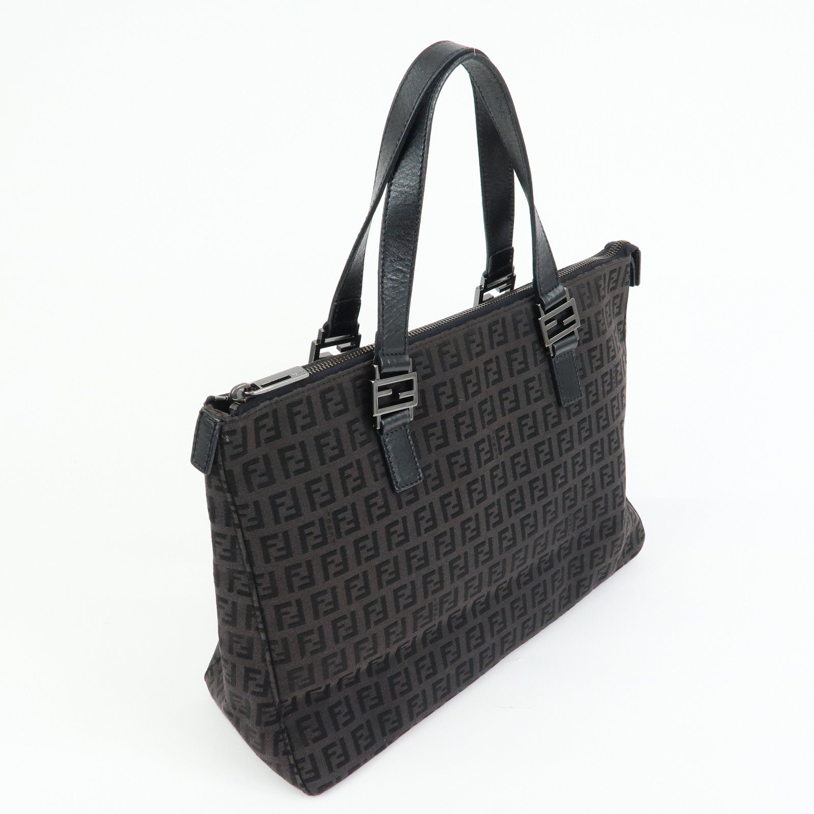 FENDI Zucchino Canvas Leather Tote Bag Hand Bag Black