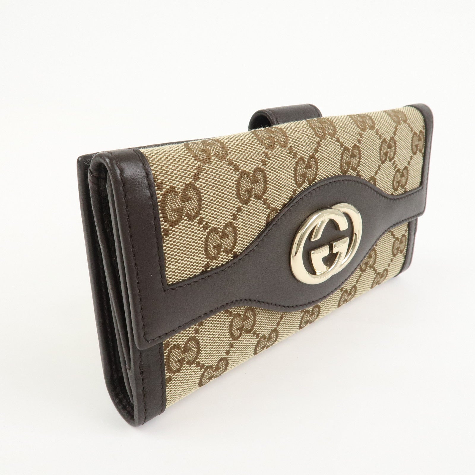 GUCCI Interlocking G GG Canvas Double Flap Long Wallet Brown 282426
