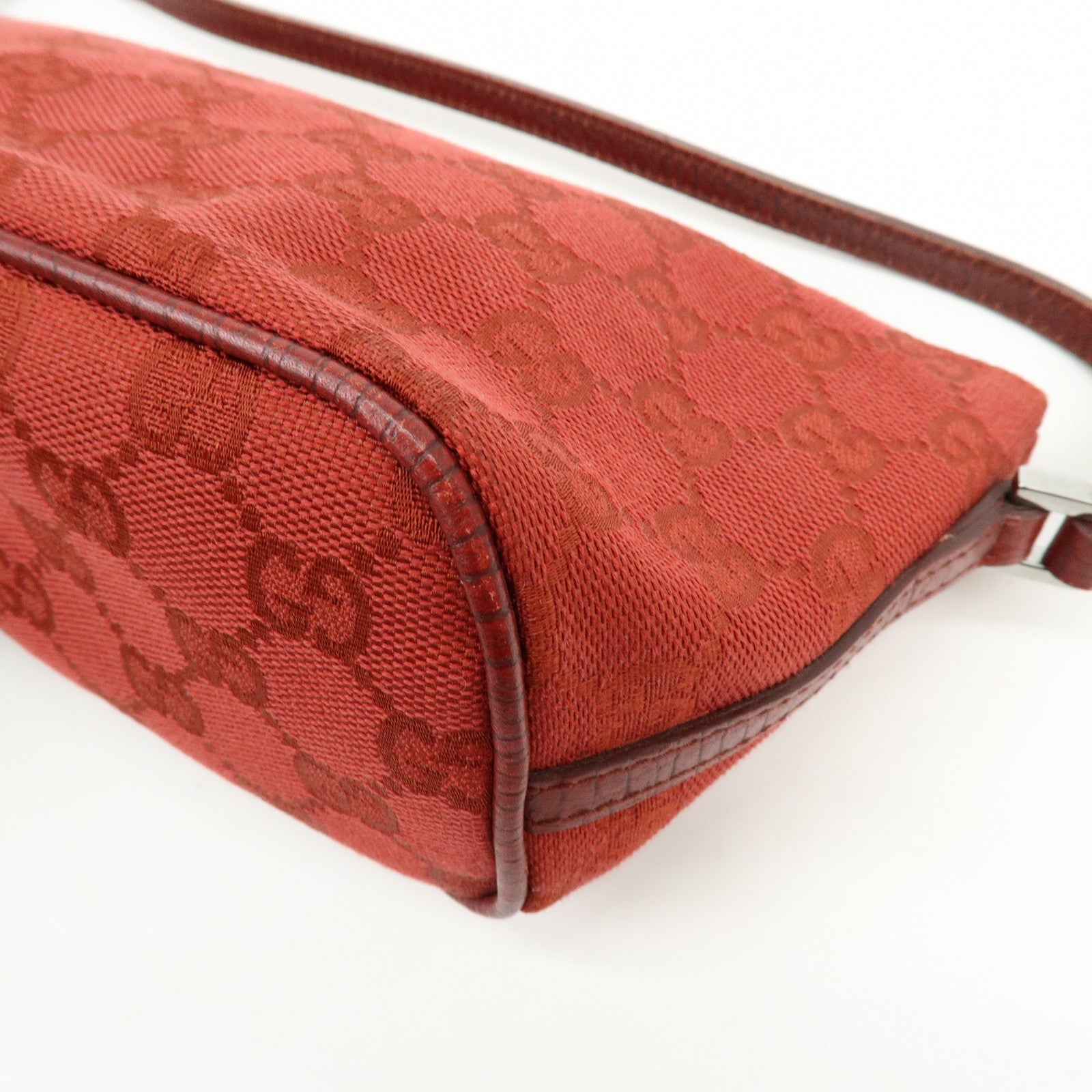 GUCCI Boat Bag GG Canvas Leather Hand Bag Wine Red 07198