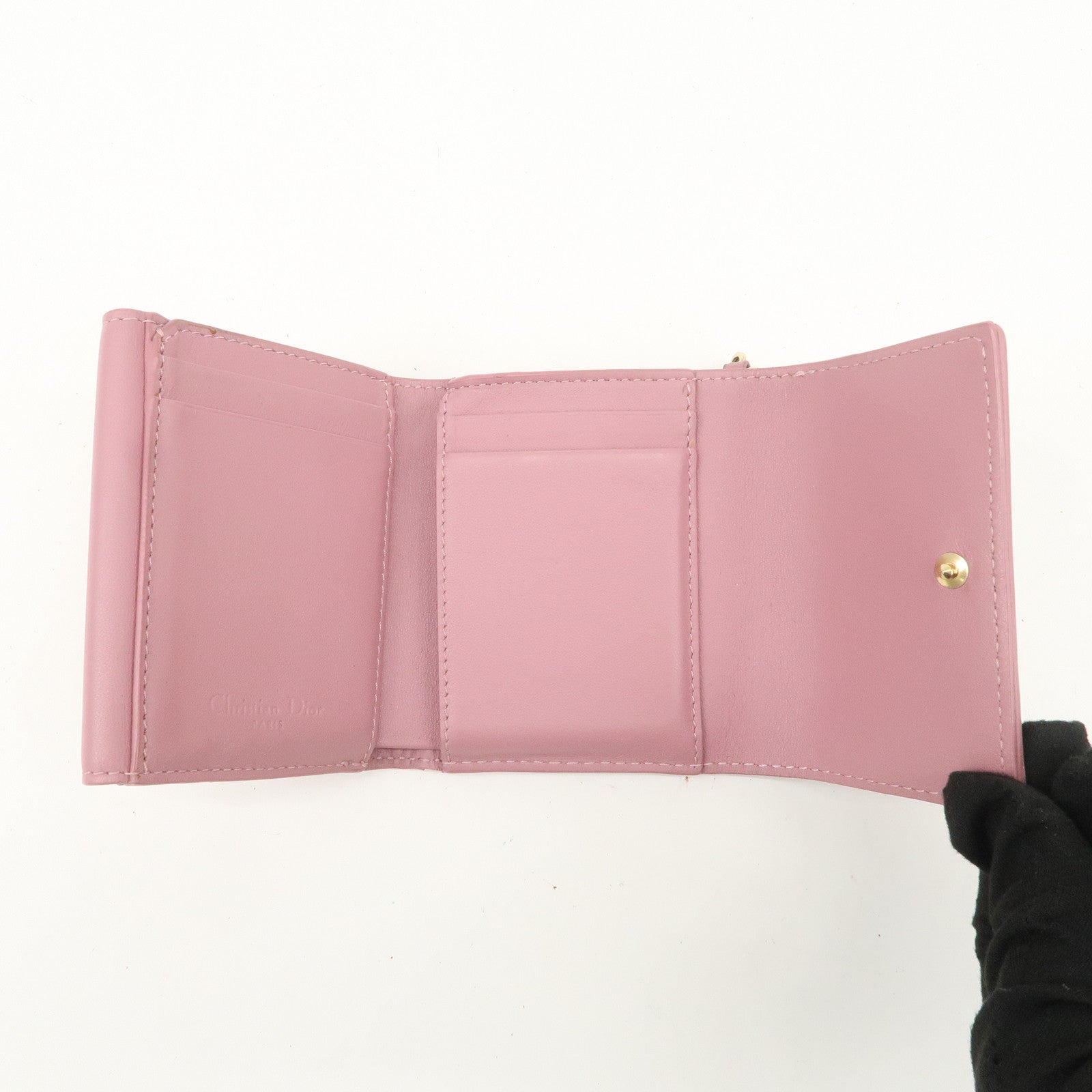 Christian Dior Cannage Leather Tri-fold Compact Wallet Pink