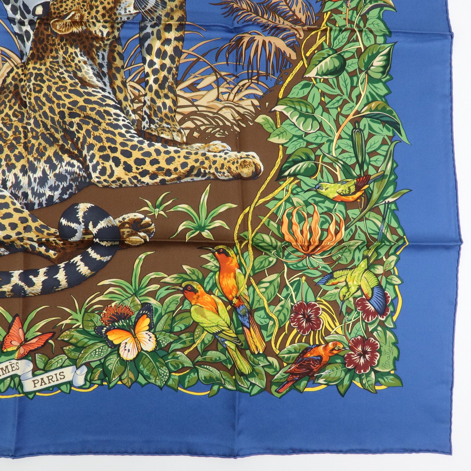 HERMES Carre 90 Silk 100% Scarf JUNGLE LOVE Navy Brown Green