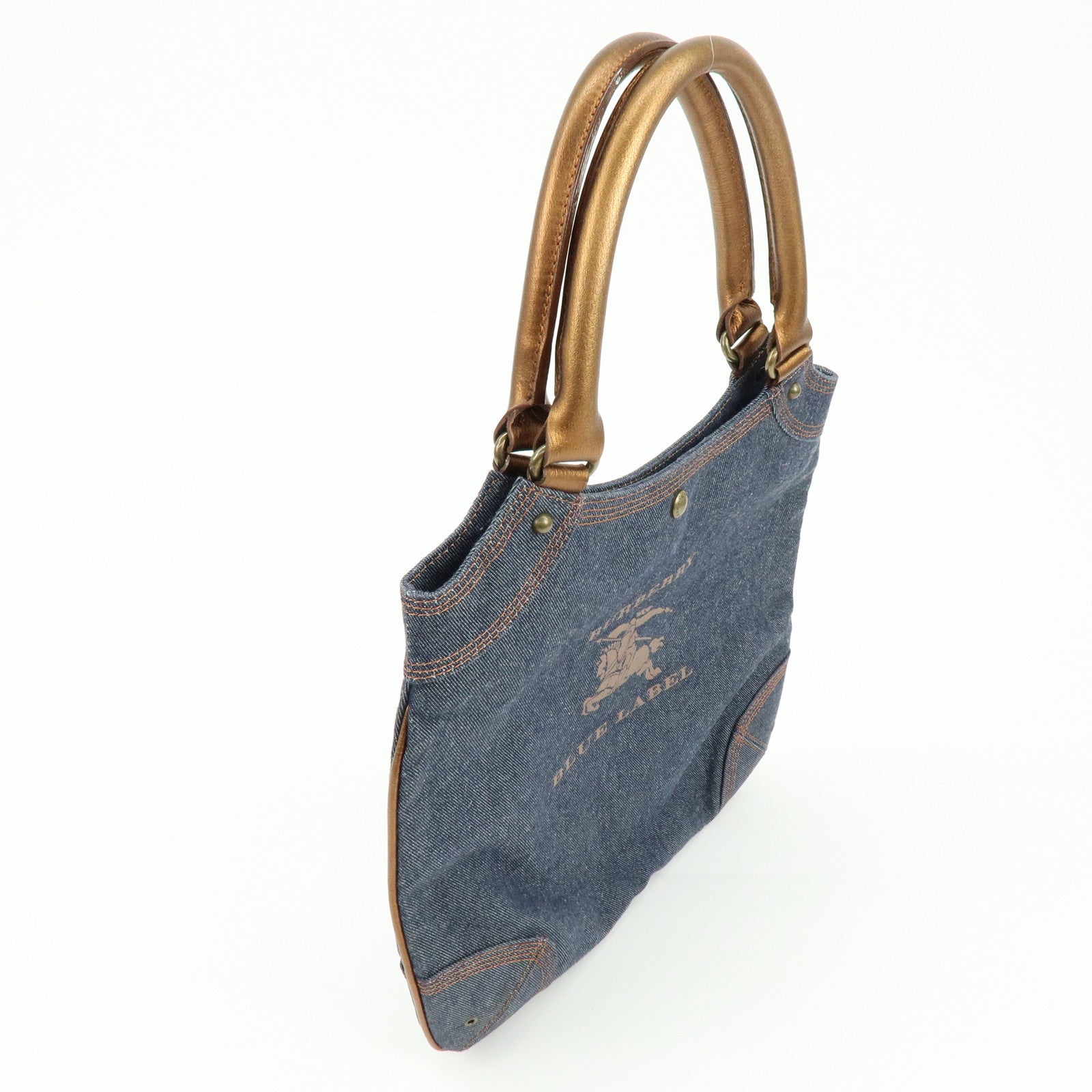 BURBERRY Blue Label Denim Leather Tote Bag Indigo Metallic Brown