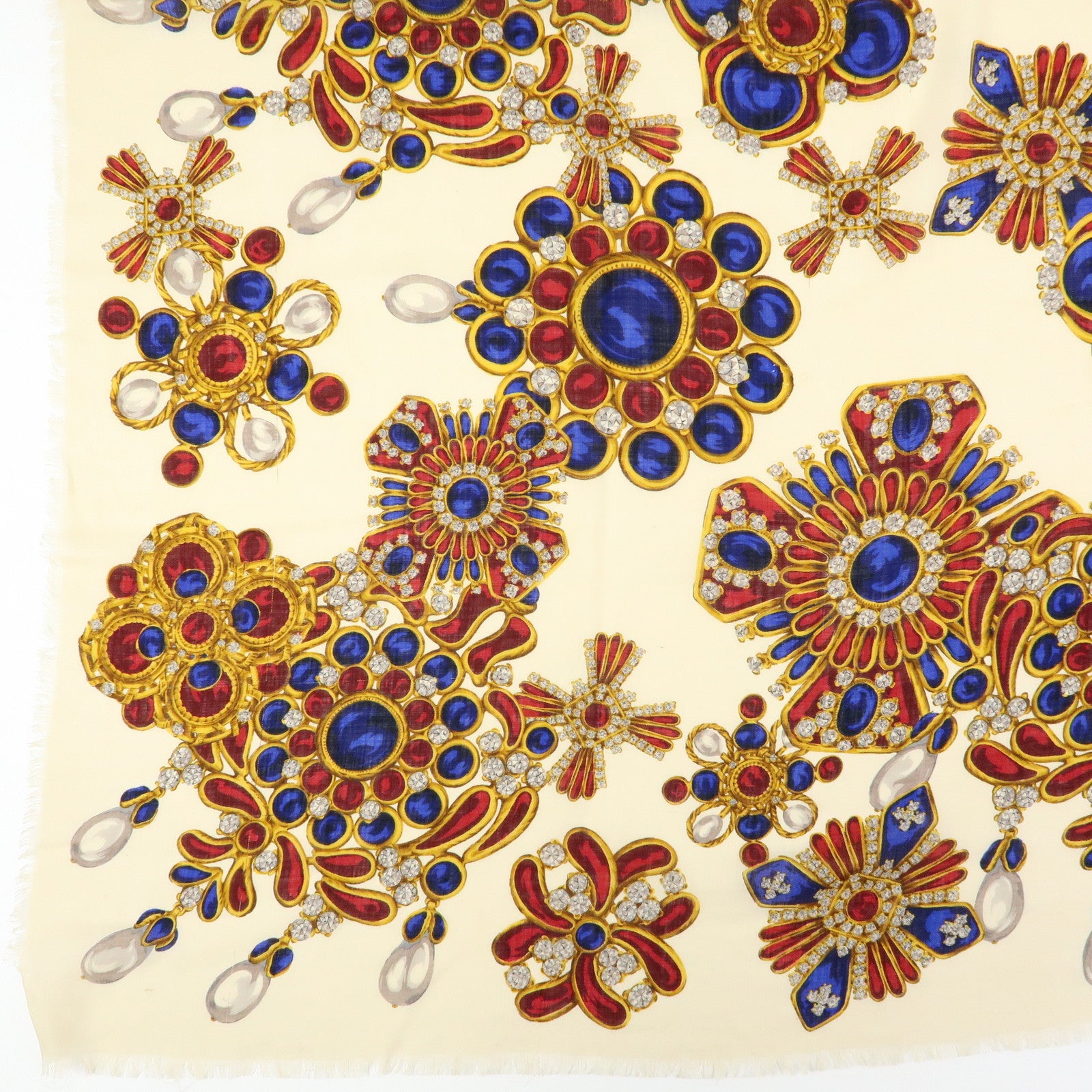 CHANEL Wook Silk Jewlry Pattern Scarf Beige Gold Red Blue