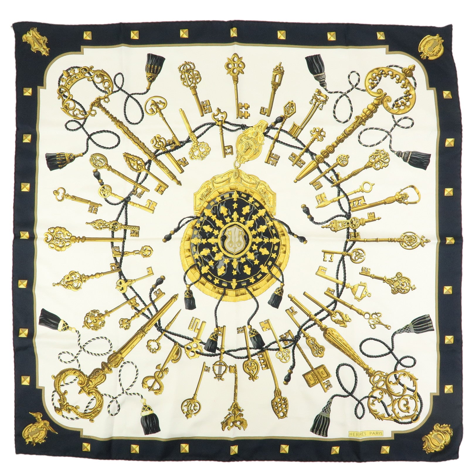 HERMES Carre 90 Silk 100% Scarf LES CLES THE KEYS RARE Black White