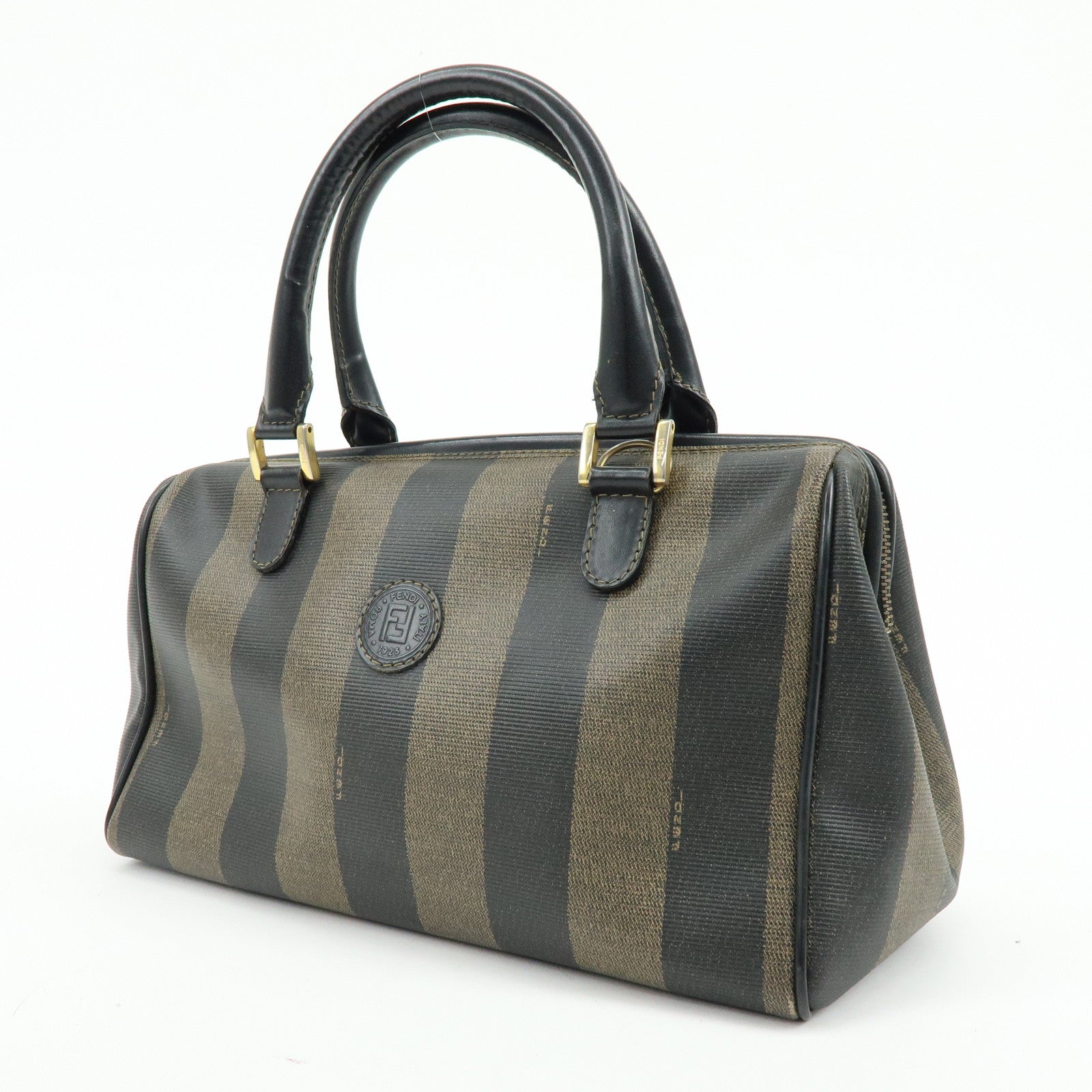 FENDI Pequin PVC Leather Boston Bag Hand Bag Black Brown