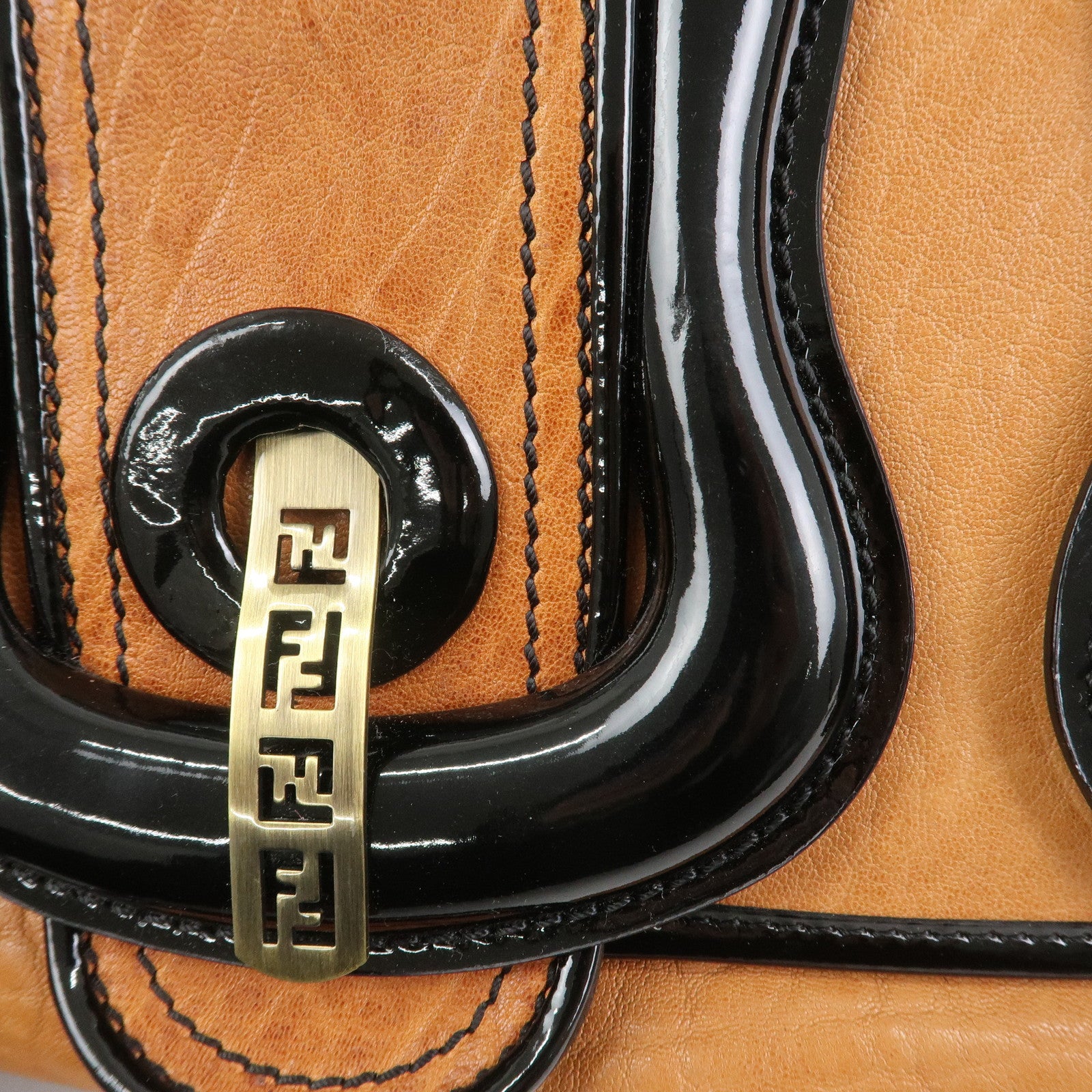 FENDI Patent Leather Shoulder Bag Hand Bag Brown Black 8BN165