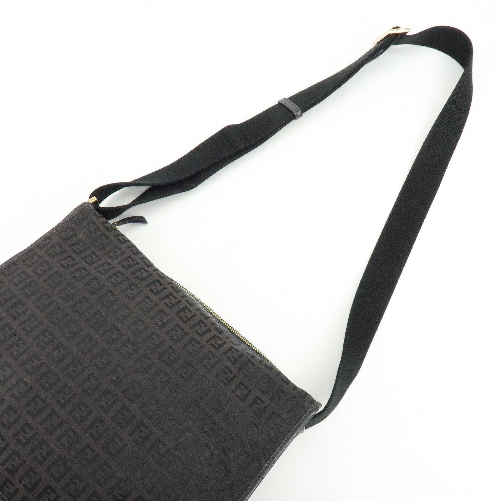 FENDI Zucchino Canvas Leather Shoulder Bag Dark Brown 8BT090