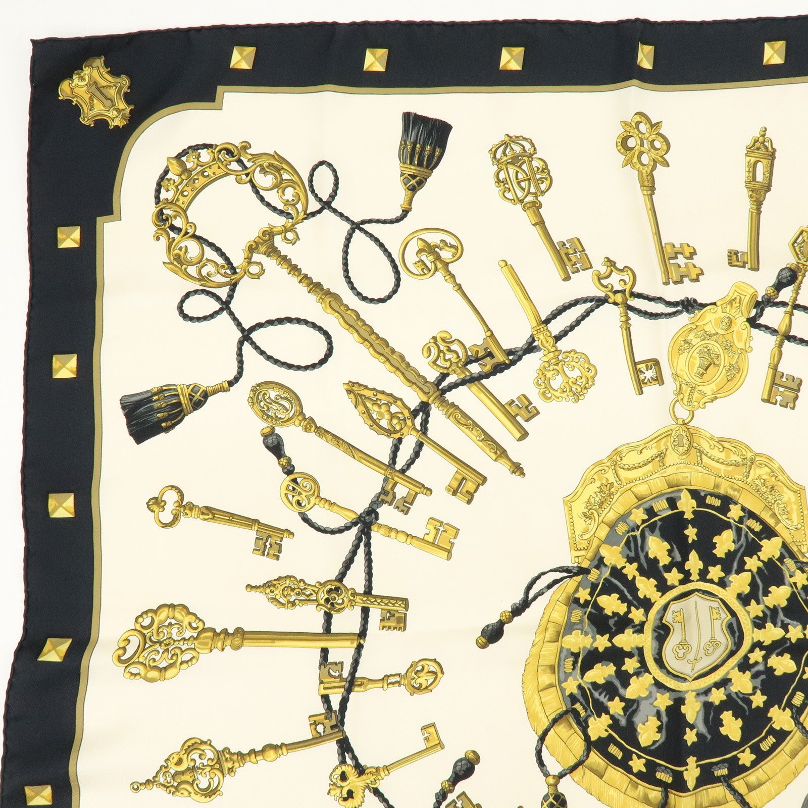 HERMES Carre 90 Silk 100% Scarf LES CLES THE KEYS RARE Black White