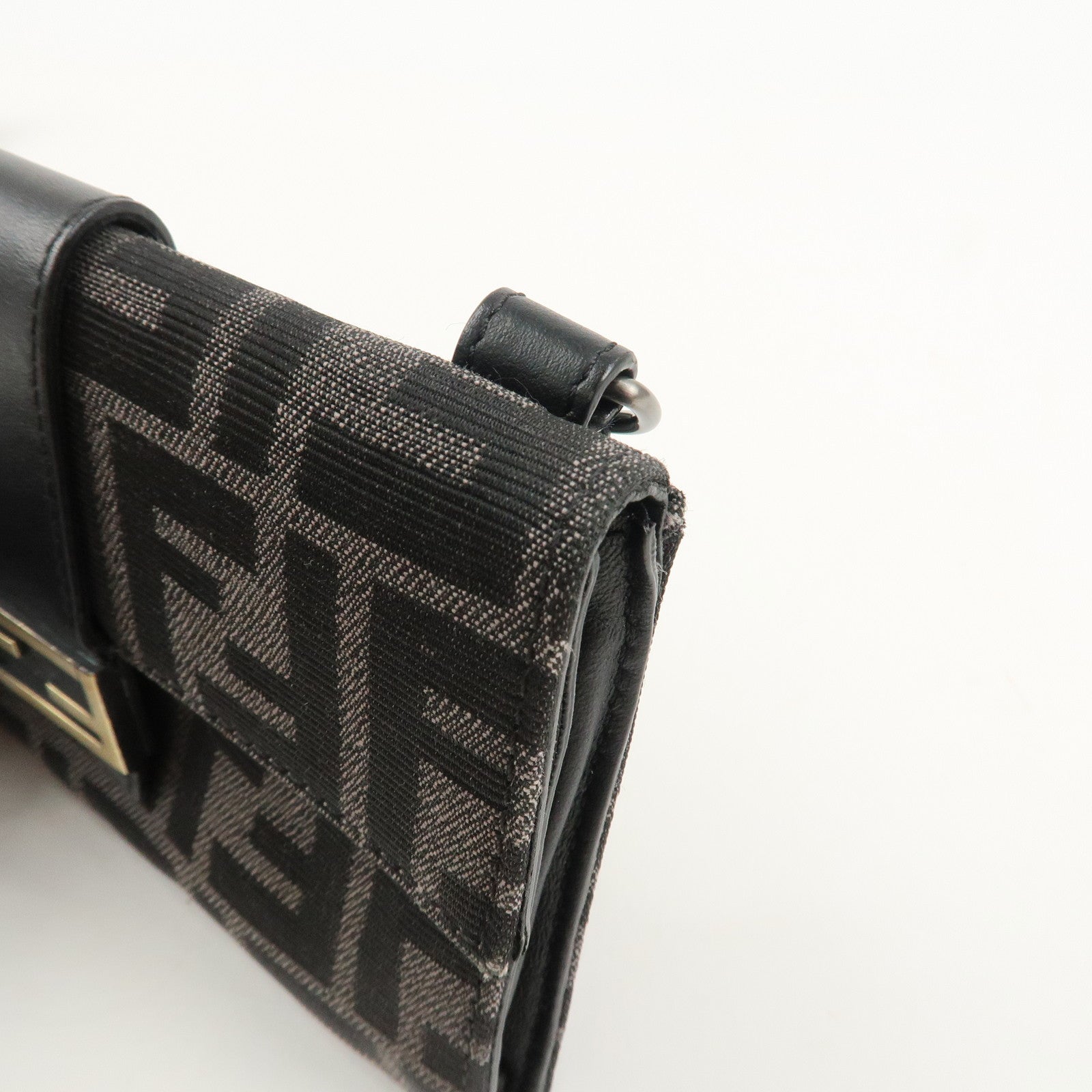 FENDI Zucca Leather Canvas Baguette Slim Clutch Bag Black 7M0295 Used