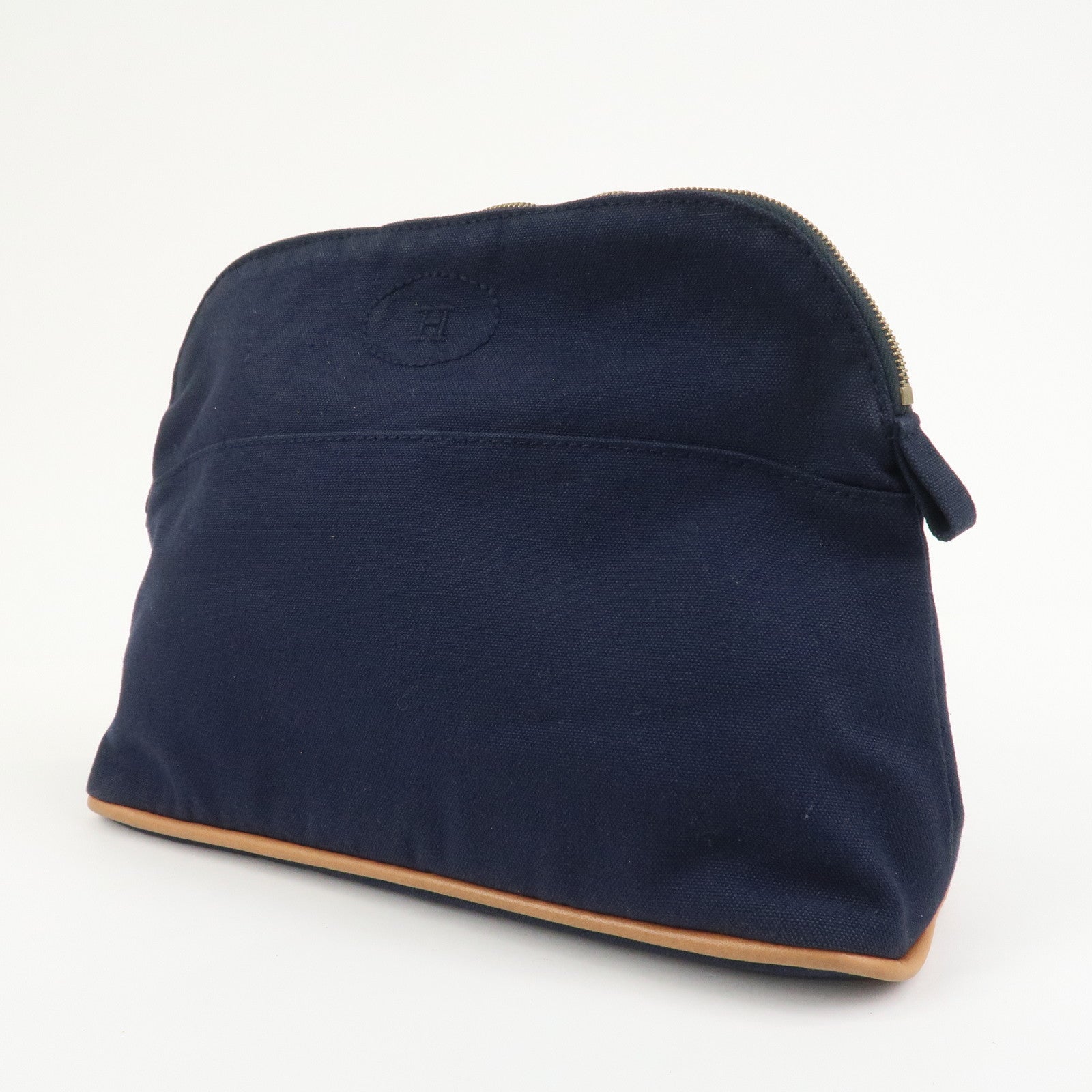 HERMES Canvas Leather Bolide Pouch MM Cosmetic Pouch Navy