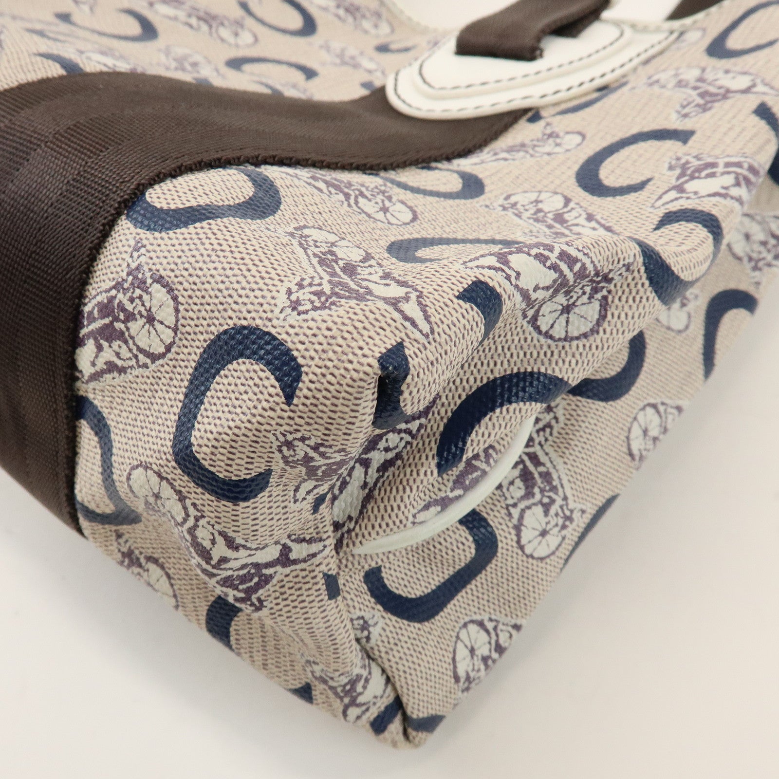 CELINE C Macadam PVC Nylon Leather Tote Bag Hand Bag Brown Beige