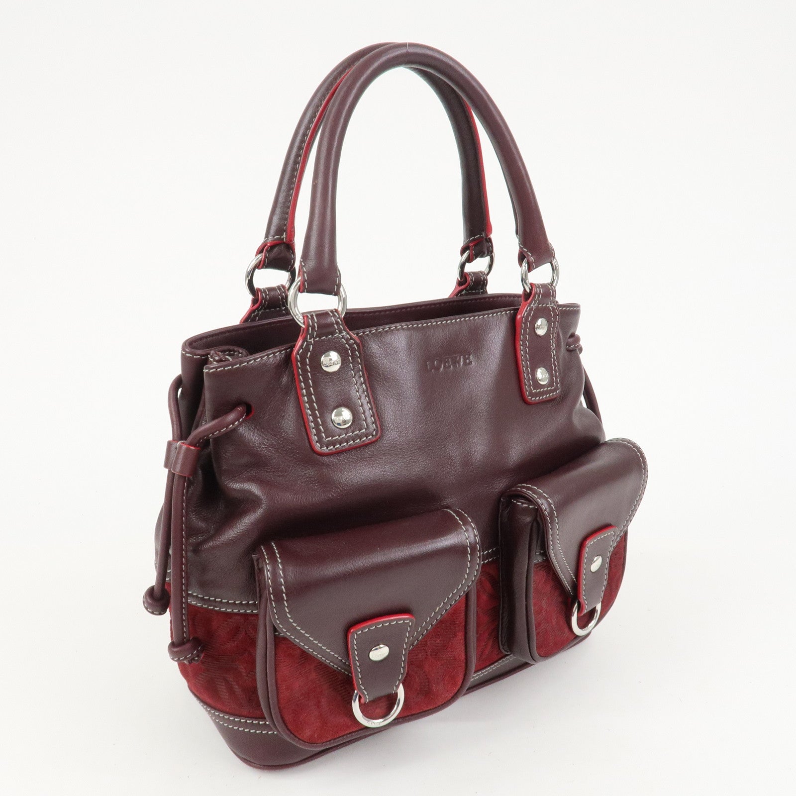 LOEWE Anagram Logo Leather Suede Hand Bag Brown Bordeaux