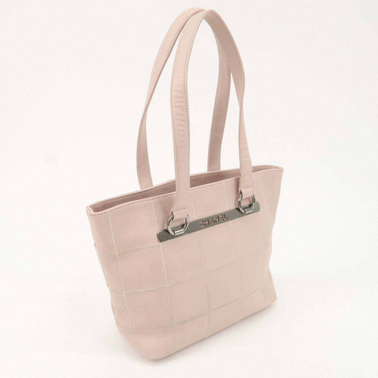 CHANEL Chocolate Bar Caviarskin Tote Bag Hand Bag Pink Silver Used