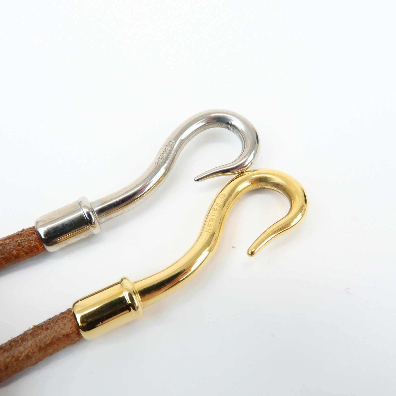 HERMES Set of 2 Jumbo Choker Leather Bracelet Brown Gold Silver