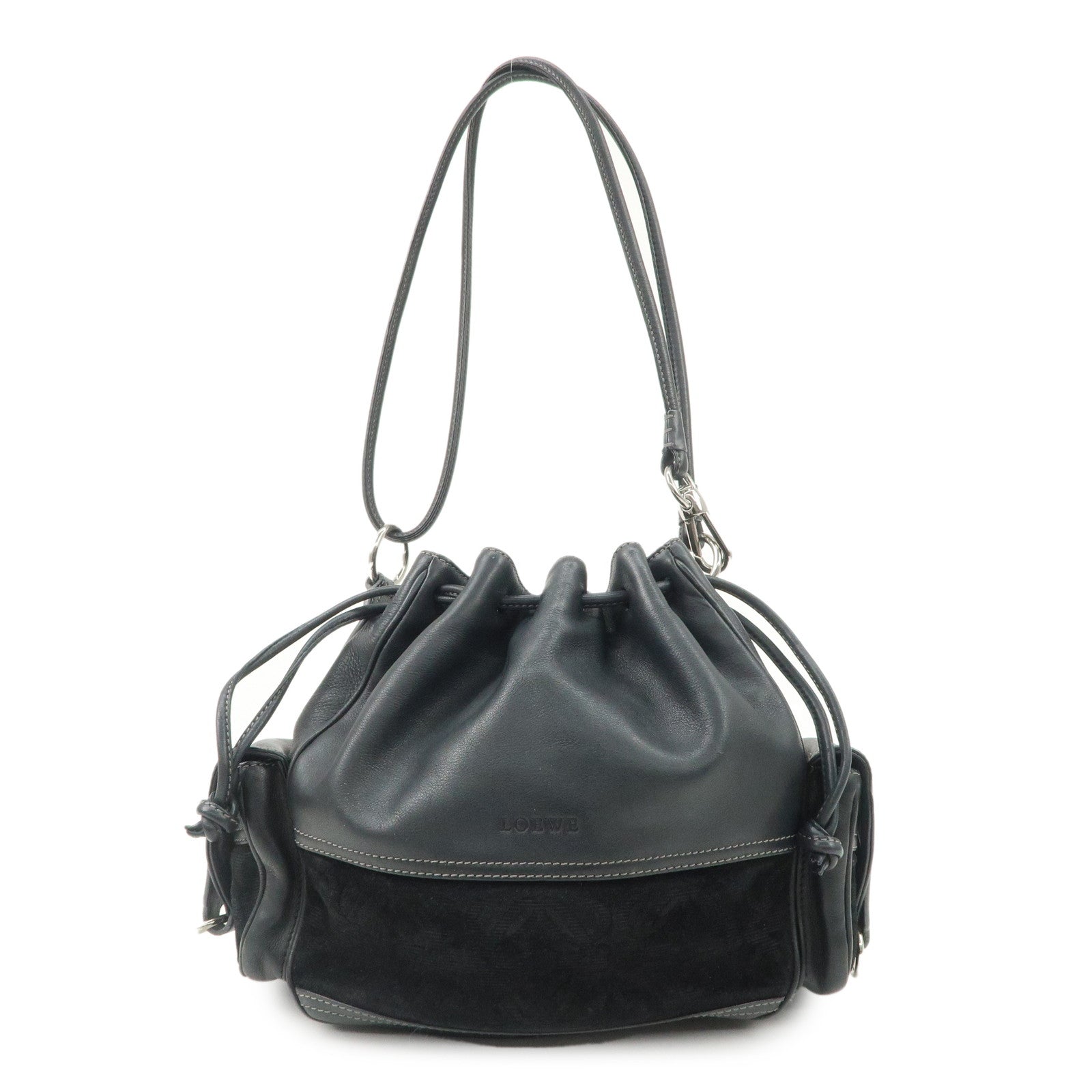 LOEWE Anagram Leather Suede Shoulder Bag Black Silver Used