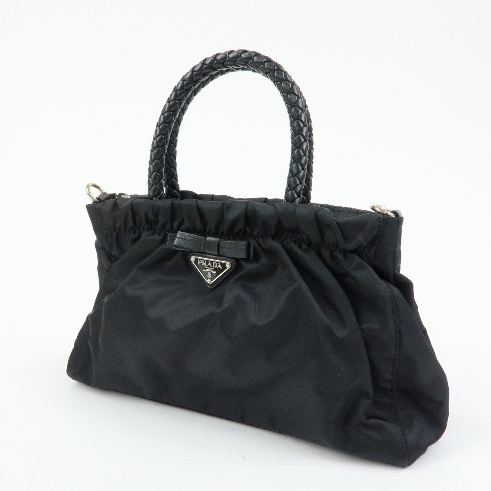 PRADA Triangle Logo Ribbon Nylon Leather 2Way Hand Bag Black BN1631